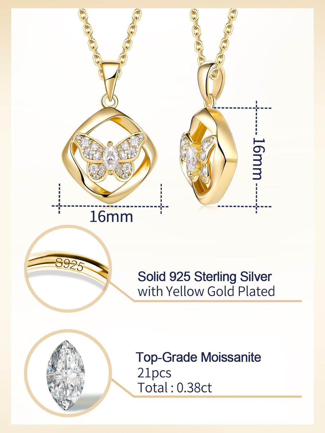 CYW Color-D VVS1 Clarity Moissanite Butterfly Pendant Necklace for Women, Really Authentic Solid 925 Sterling Silver, 16"/18"/20" Adjustable Chain, Anniversary Mother's Day Christmas Valentines Gift - Image 5