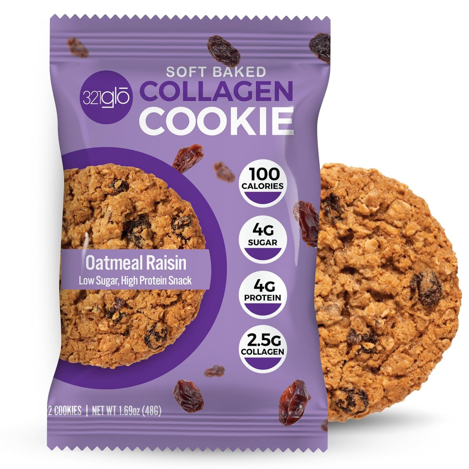 321glo Collagen Cookies | Soft Baked, High Protein Cookies | Low Carb, Low Sugar | Keto Snack for Women, Men, & Kids | 12 Pack (Oatmeal Raisin)