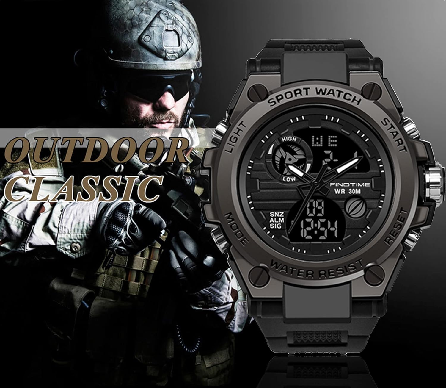 findtime Military Watches for Men Waterproof Tactical Watches Men Army Digital Sports Outdoor Stopwatch LED Survival Tough Electronic Alarm Clock Black Gold Wrist Watch - Image 2