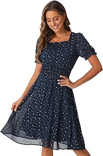 Square Neck Dress for Women's Metallic Stars Ruffle Short Sleeve A-Line Stretch Waist Dress - Buy now