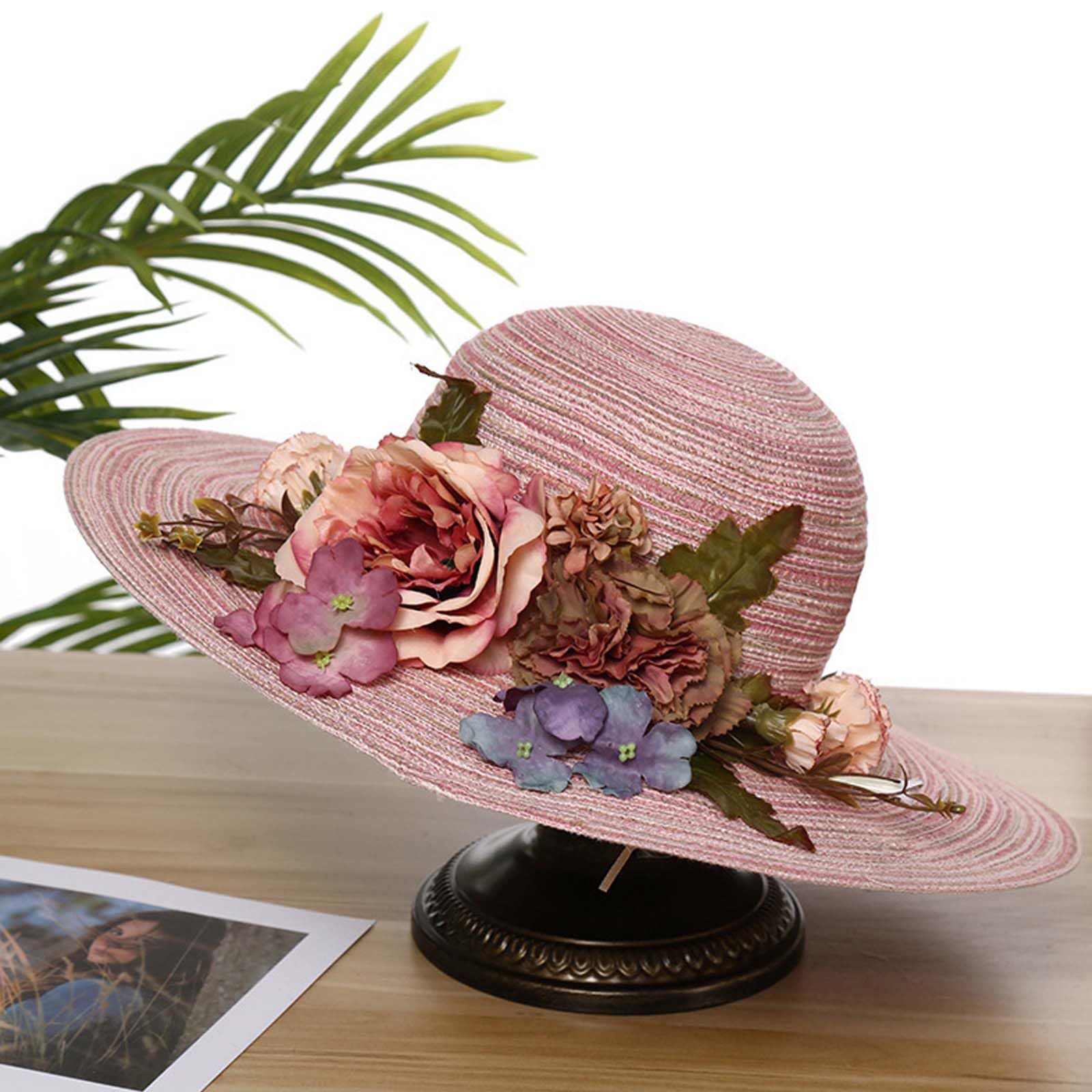 Sombrero de paja hecho a mano con flores de ganchillo para mujer, sombrero de paja de ala ancha, sombrero de paja para el sol, sombrero de sol UPF 50+ protección UV