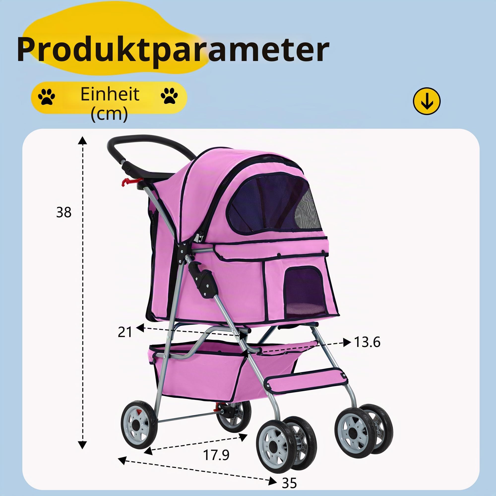 FDW Hundewagen, Faltbar Hundebuggy, Katzenwagen mit 2 360°Drehrädern, Inkl. Aufbewahrungskorb,Kissen&Netzfenstern Getränkehalter 4 Räder, bis 15 kg, Klappbar Haustierbuggy Jogger Buggy, Rosa