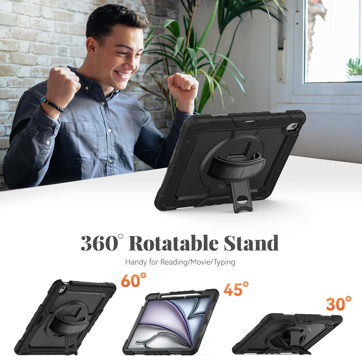 BLOSOMEET Protective Case for iPad Air 13 Inch M3 2025 & M2 2024 with Tempered Glass Screen Protector & Pencil Holder,Rugged Construction iPad Air 13 Cover with Stand Hand Shoulder Strap (Black)