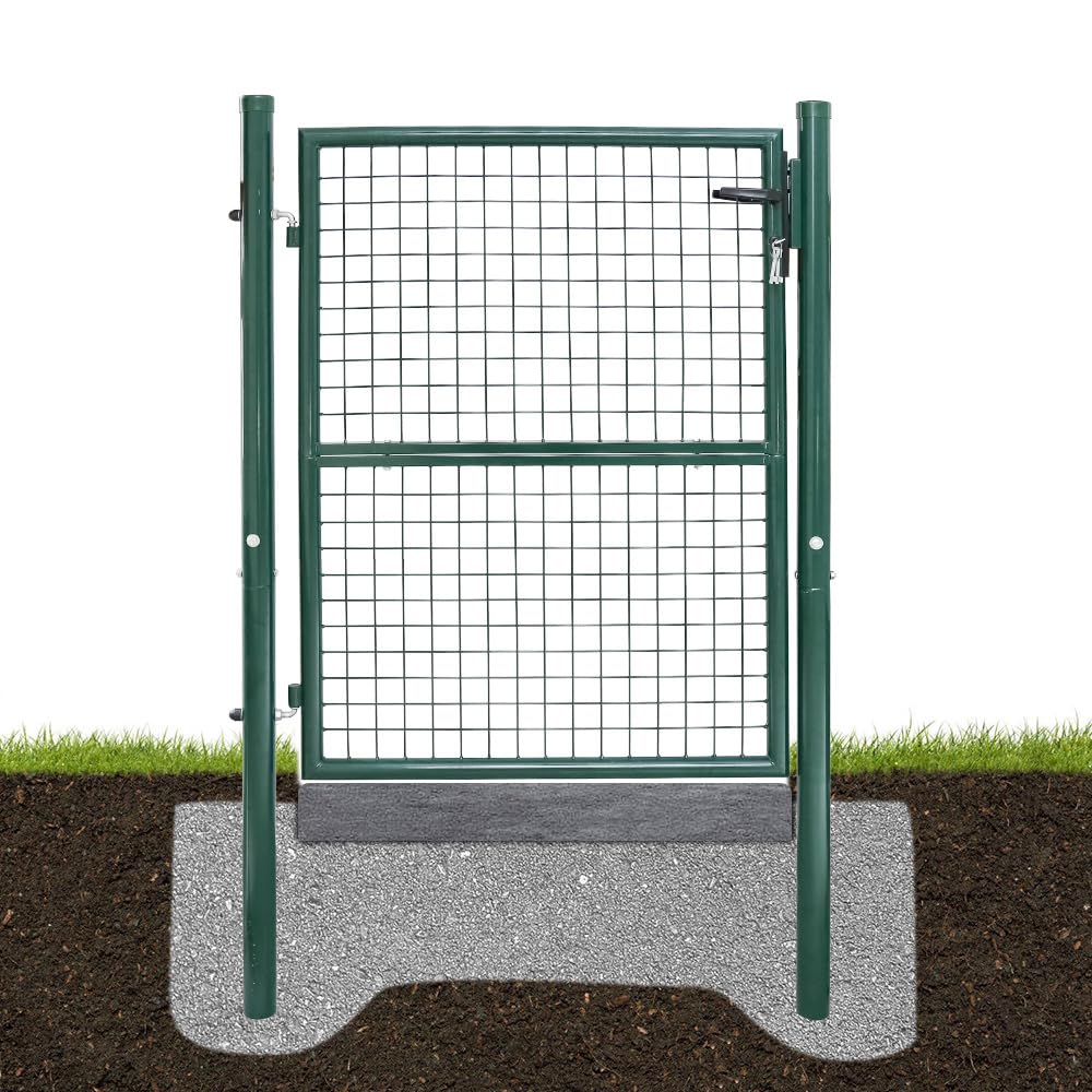 Cancello da giardino in metallo, 150 x 100 cm, in acciaio zincato, tubo rotondo, verde, con manico, serratura e 3 chiavi, robusto cancello da giardino