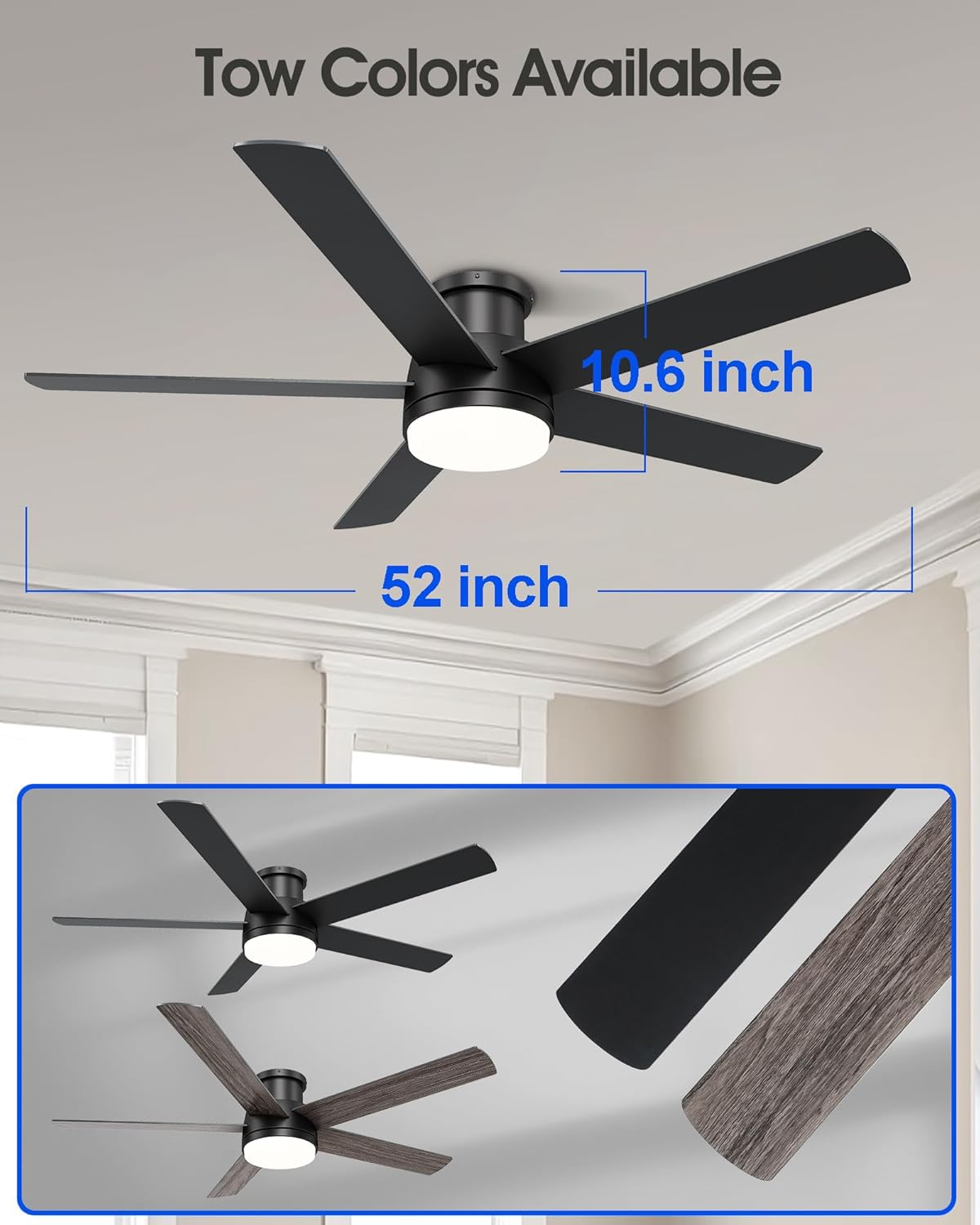 52 Inch Black Ceiling Fan with Light, Flush Mount and Remote Control, Dimmable 3-Color Temperature LED, 6-Speed Reversible DC Motor, 5-Blade Modern Design for Indoor or Outdoor