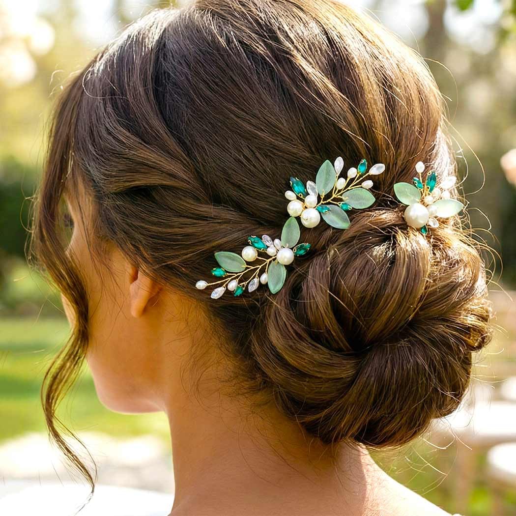 HEREAD Pearl Bride Wedding Hair Pins Gold Leaf Bridal Hair Pieces Crystal Hair Accessories for Women (Pack of 3) (Gold) - Image 4