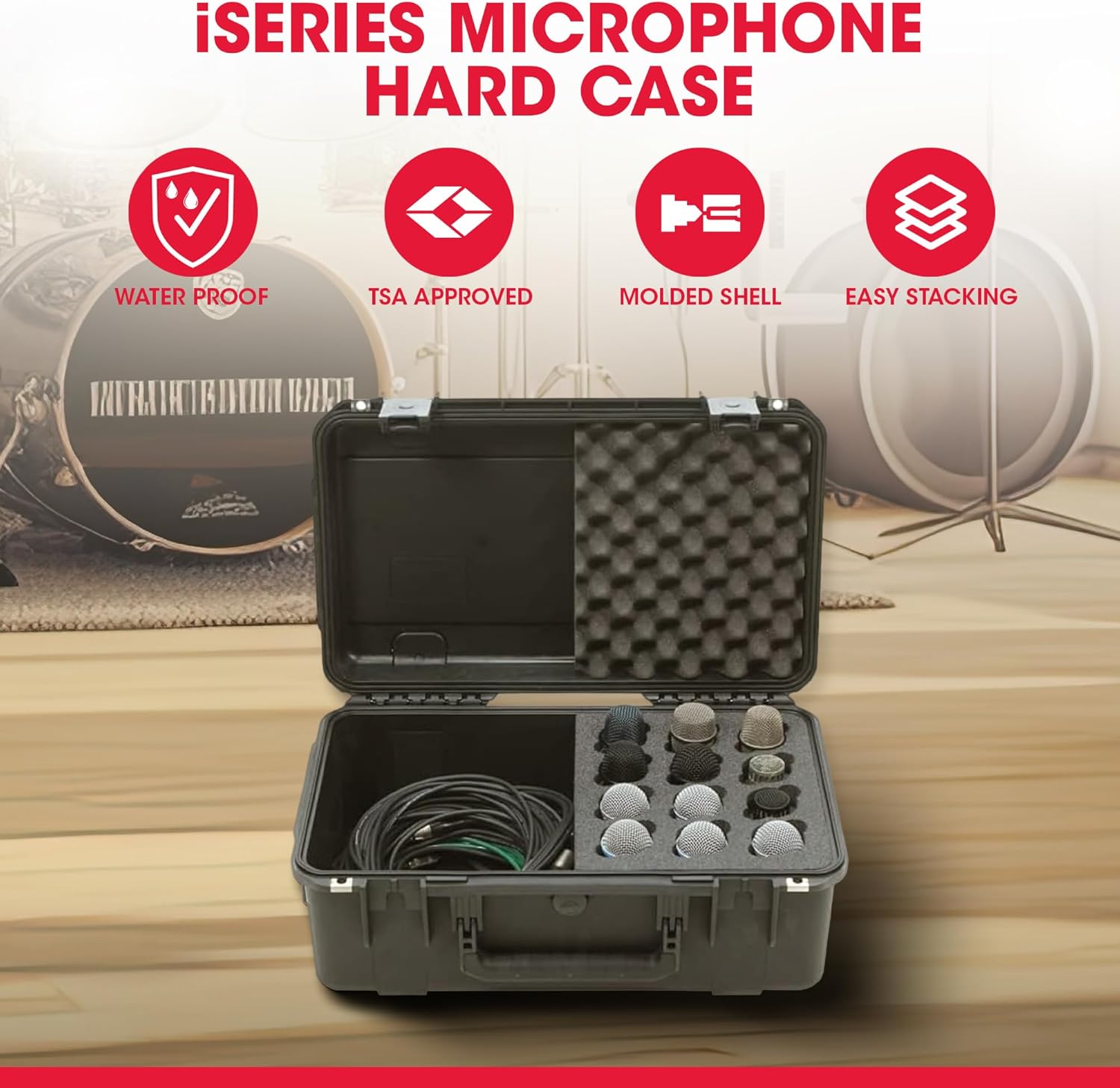 SKB iSeries Microphone Hard Case, Waterproof Polypropylene Shell with 12-Slot Foam Interior and Cable Storage for Mic System Protection