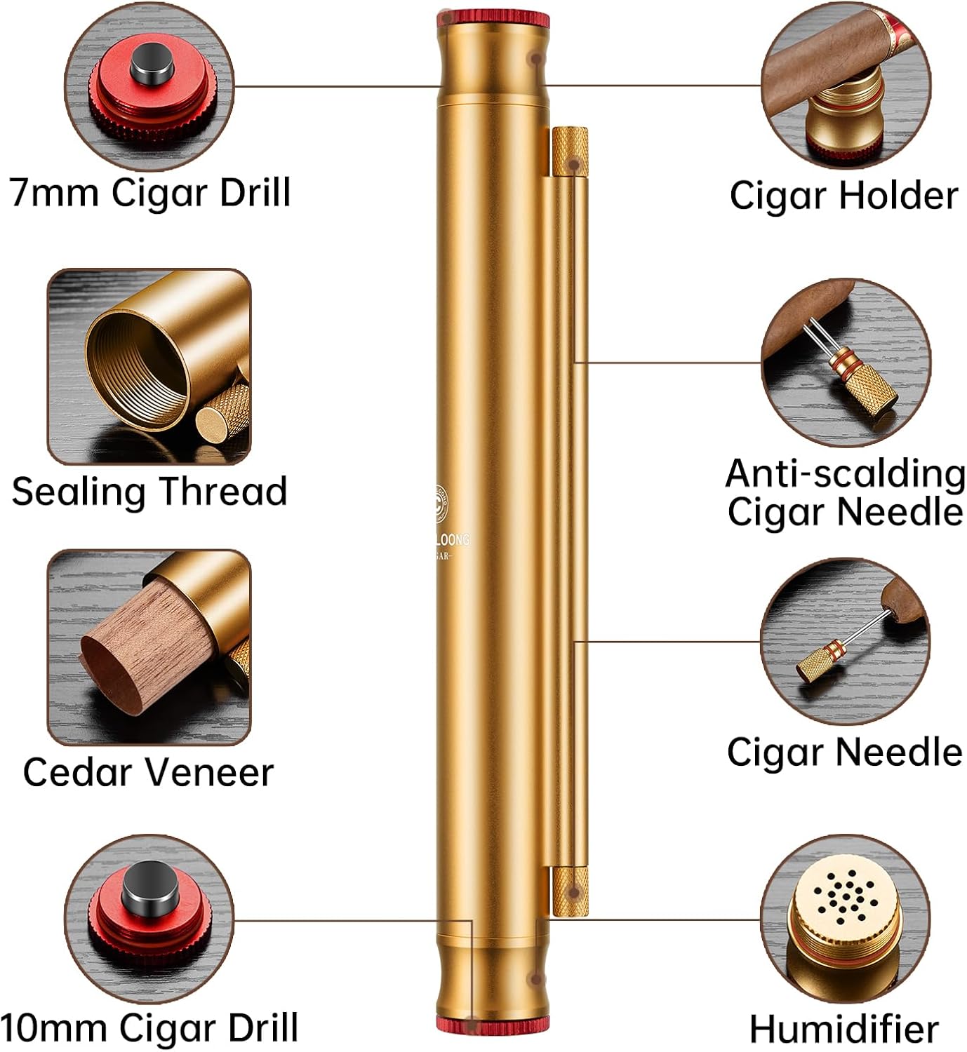 Cigar Tube with Dual Cigar Punch, Draw Enhancer, Humidifier, Cigar Stand, and Cedar Lining – Durable Alloy Tube Travel Cigar Case for Cigar Lovers, Premium Gift Box Included, Silvery