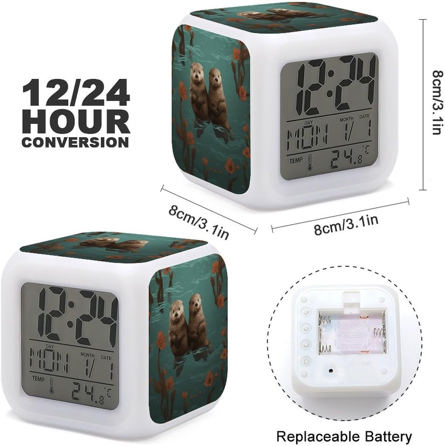 Otters in Love Alarm Clock Night Light Alarms for Bedroom Smart Digital Alarm Clock LED Display Clocks with 7 Colorful Ambient Lights Sleep Timer for Heavy Sleepers Simple Operation image 3