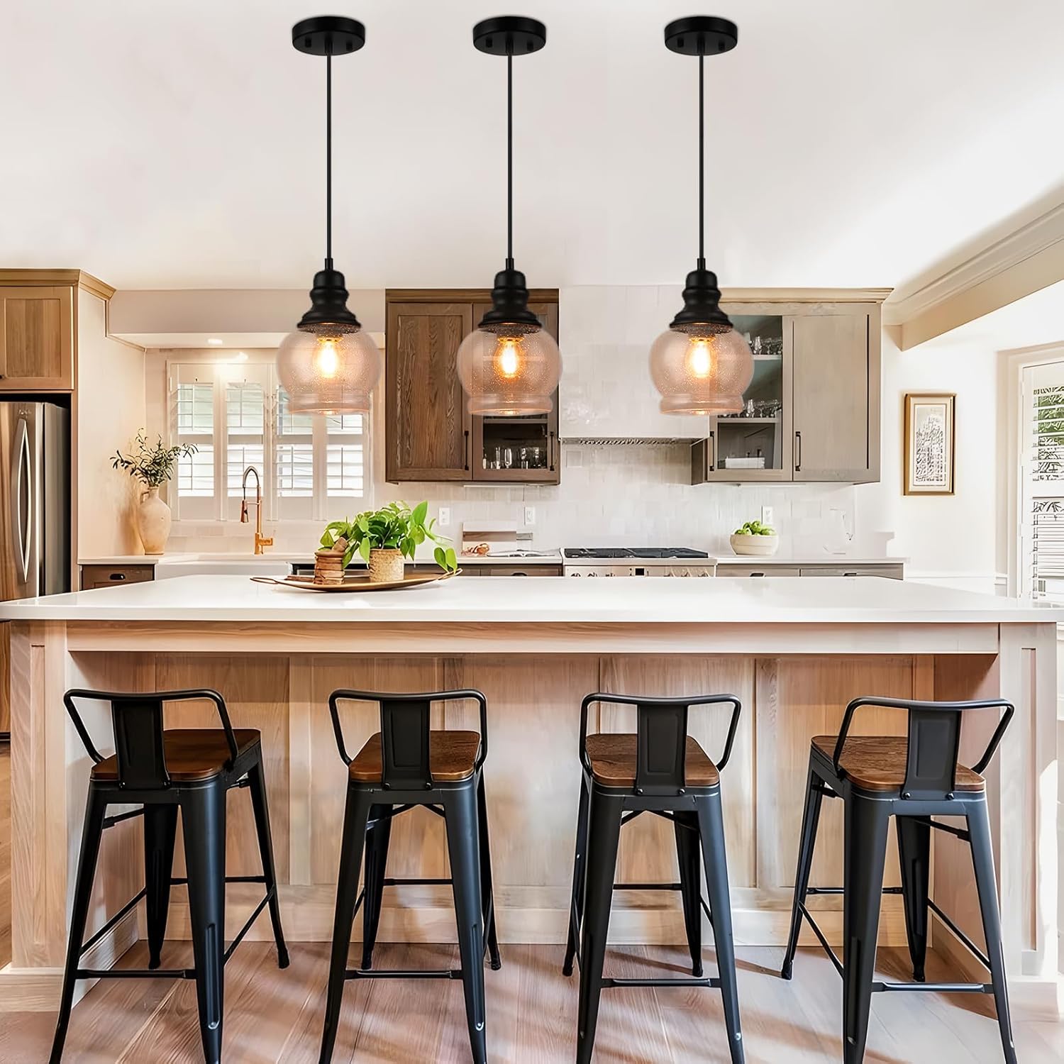 WILON Kitchen Island Light Fixtures, Black Pendant Light with Seeded Glass Shade Mini Pendant Lighting for Kitchen Island, Farmhouse Ceiling Light for Kitchen Island Dining Room Hallway Living Room