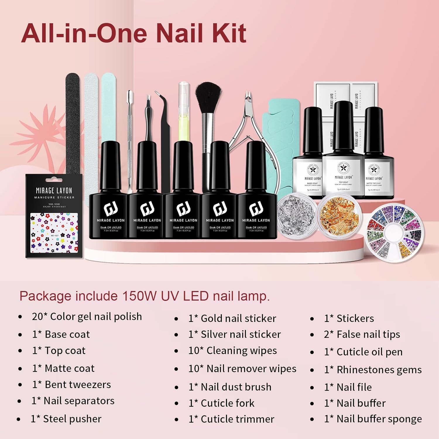 MIRAGE LAYON 43 Pcs Gel Nail Polish Kit with U V Light 20 Colors Gel Polish Nail Kit All Season 180W UV Nail Lamp Base Top Coat Gel Nail Set Nail Art Tools