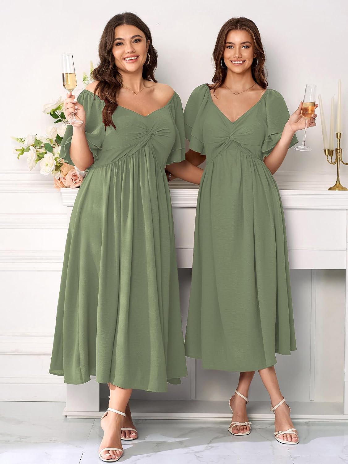 SCOMCHIC Women's Plus Size Wedding Guest Cocktail Dresses Sweetheart Neckline Ruffle Sleeve A Line Maxi Dress