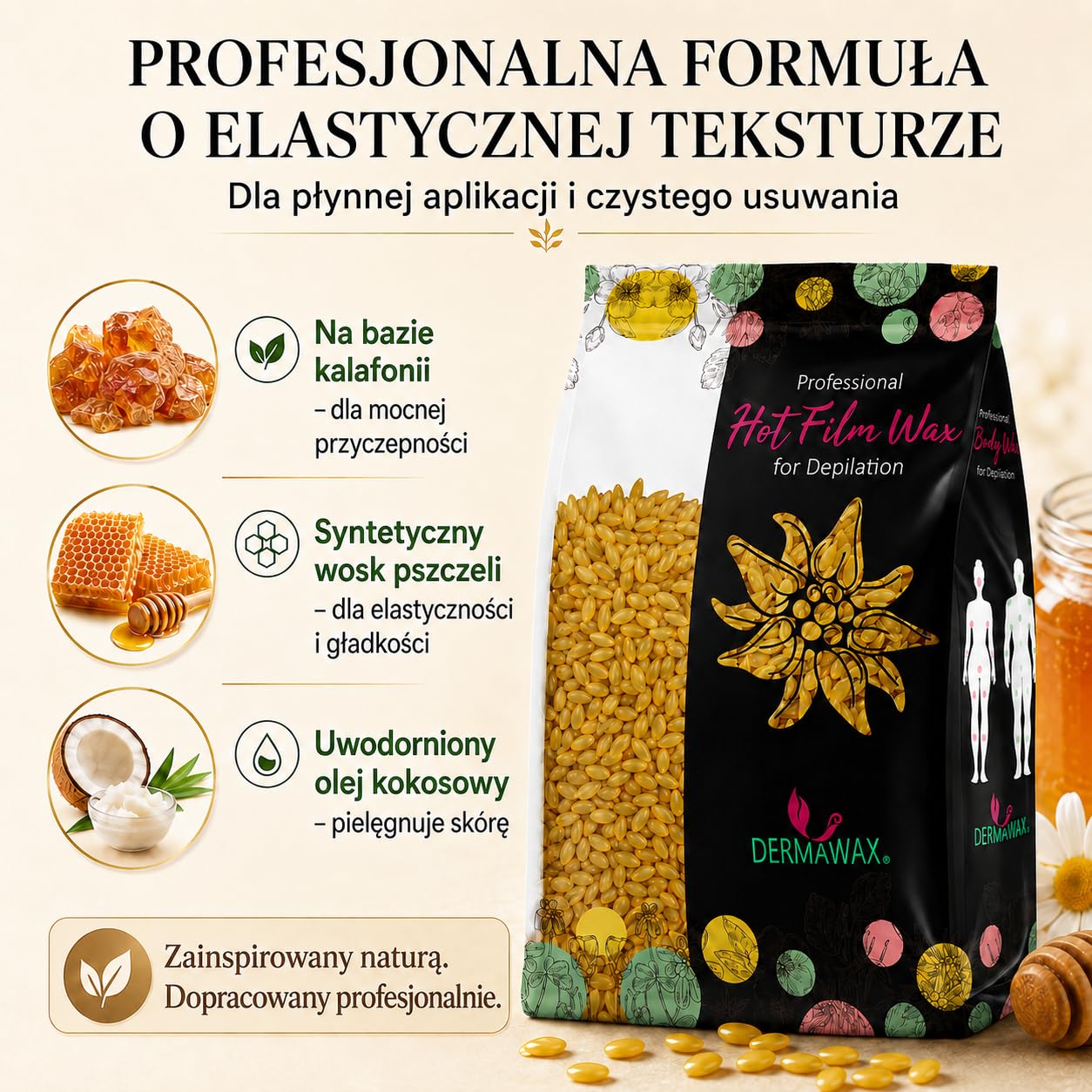 Dermawax Perły woskowe z naturalnego miodu, 1 kg – profesjonalny wosk na gorąco do usuwania włosów bez smug – twarz, brwi, włosy w nosie, nogi, ramiona, bikini i strefy intymne – dla mężczyzn i kobiet