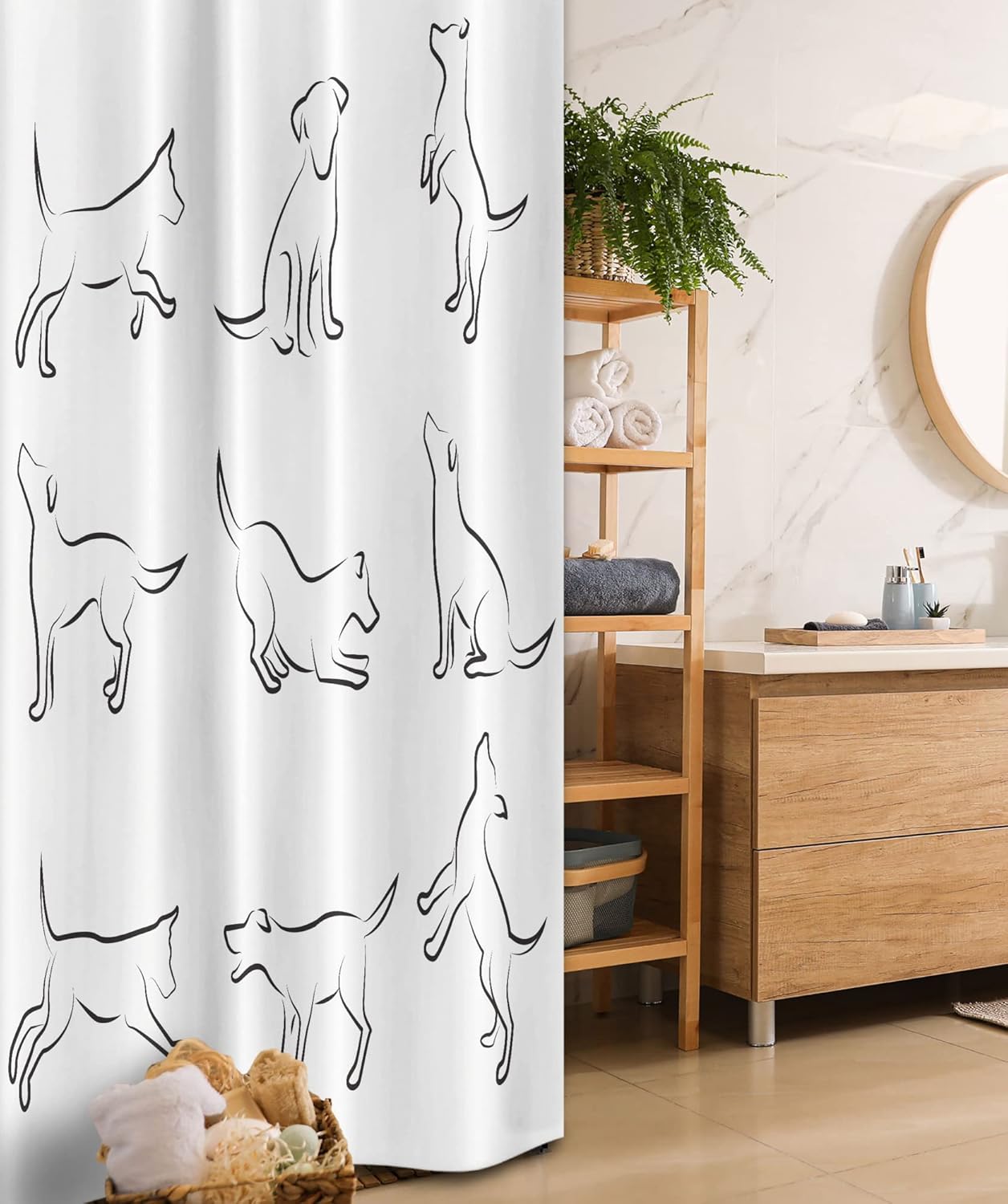 Ambesonne Dog Stall Shower Curtain, Digital Sketches of a Puppy Moving Around Scratching Simple Life Style Work, Fabric Bathroom Decor Set with Hooks, 36" W x 72" L, White Black