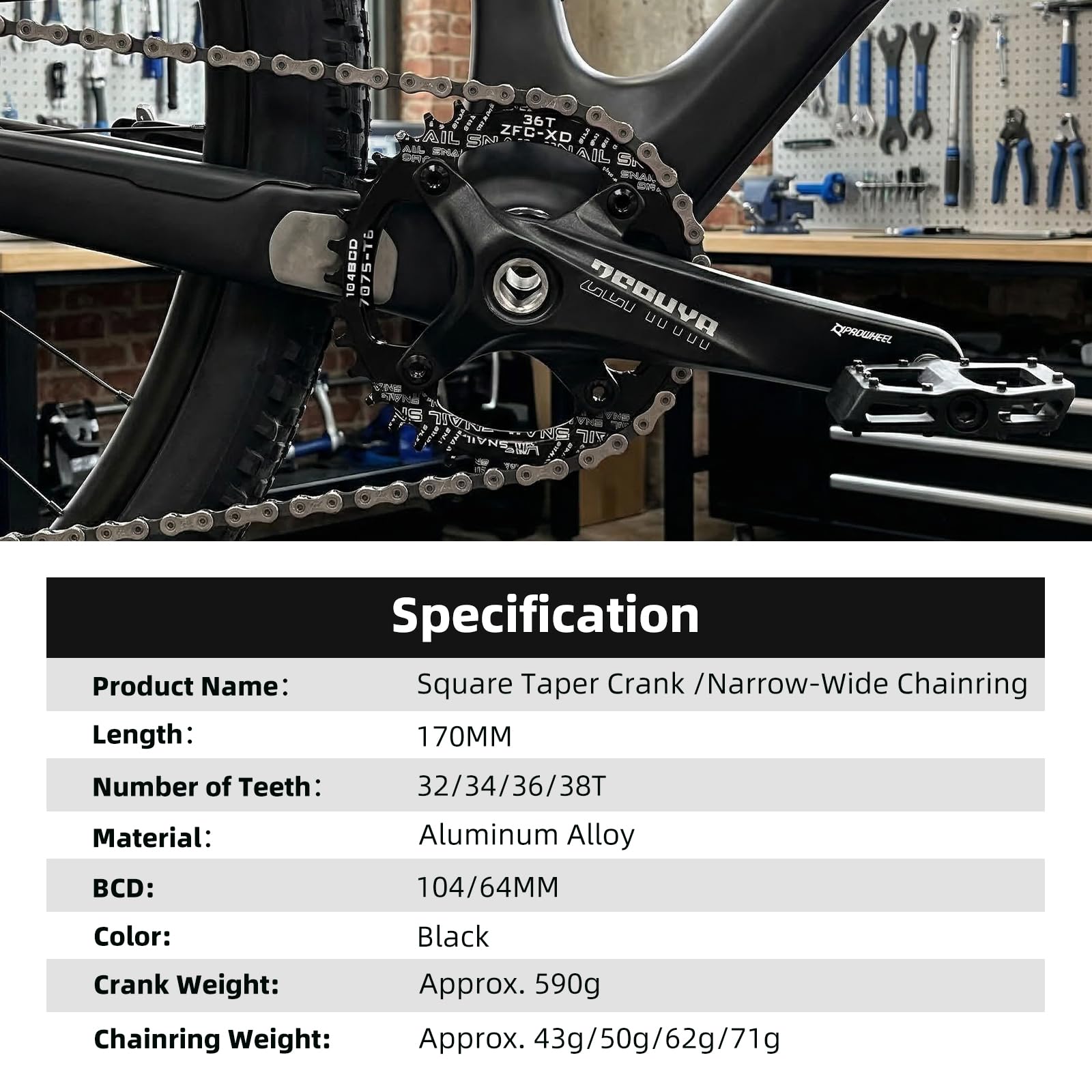 Juego de Bielas Cuadradas de 170 mm para Bicicleta de Montaña con Plato 104 BCD 32/34/36 / 38T, Manivela MTB de Aleación de Aluminio