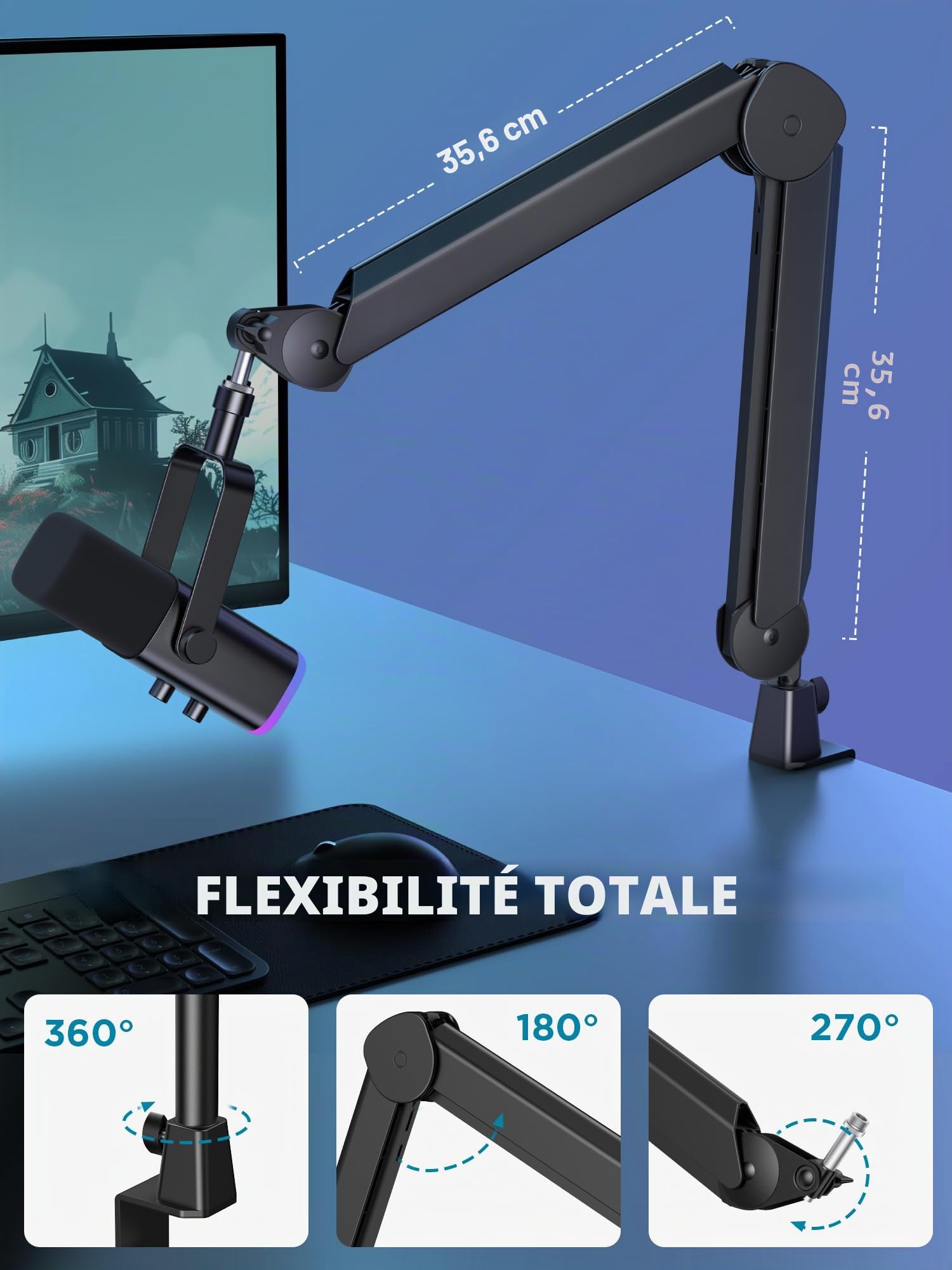 InnoGear Support à bras pour microphone avec gestion des câbles et élévateur de hauteur pour Blue Yeti, FIFINE AM8, K669B, HyperX QuadCast, S SoloCast, AT2020, Shure SM7B, MV7 et autres micros