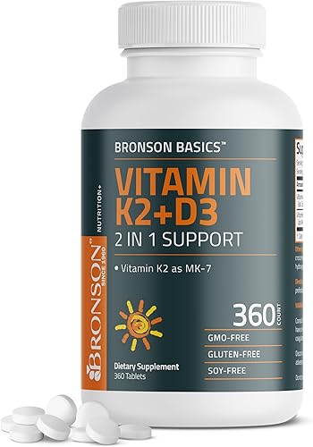 Bronson Suplemento de vitamina K2 D3 (MK7) Fórmula sin OMG Vitamina D3 5000IU (125 mcg) y 90 mcg K2 MK-7, complejo D y K fácil de tragar, 360