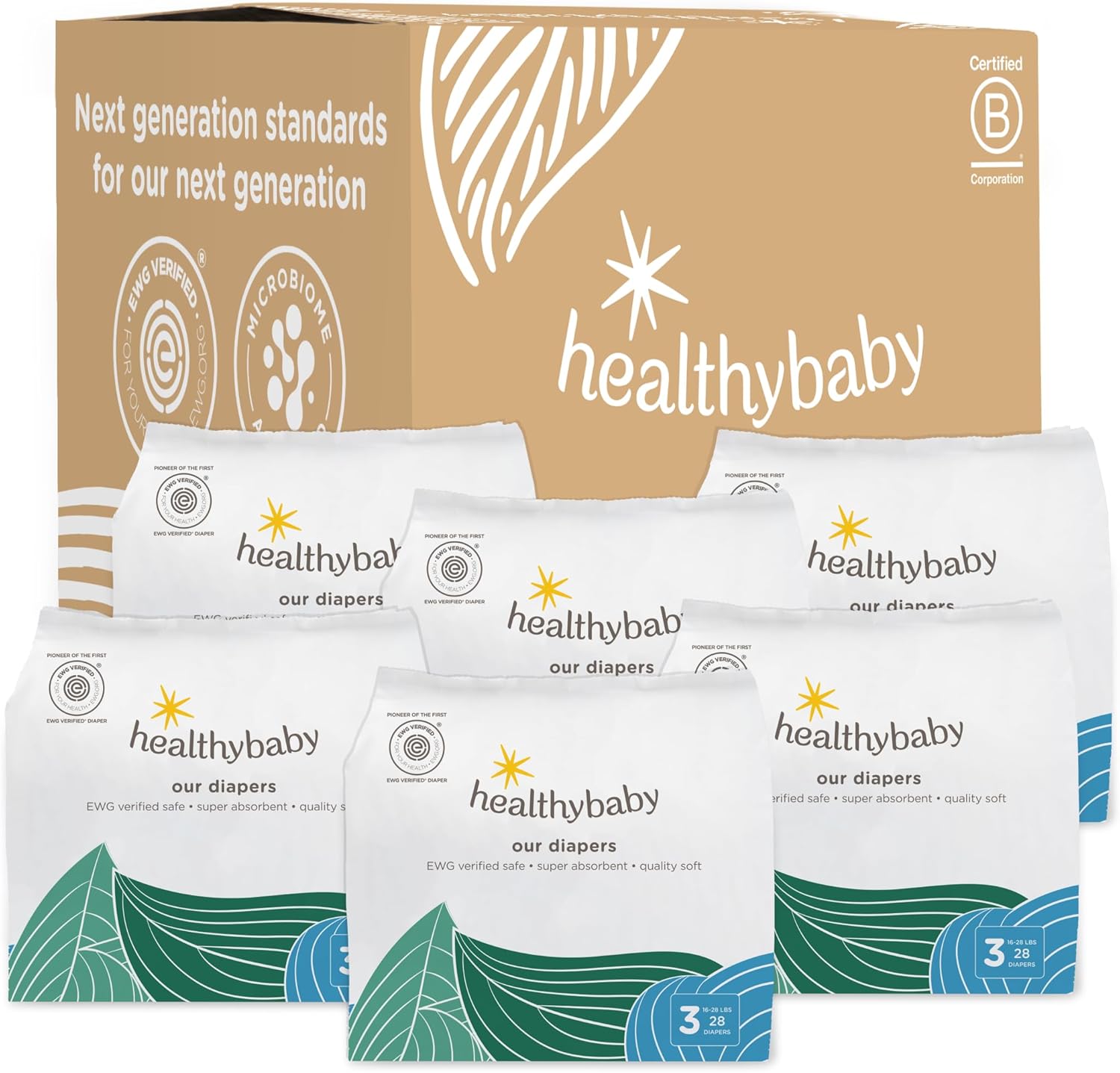 Our Diapers | EWG Verified Safe & Plant-Based Diapers | Leak Protection | Soft Organic Cotton Shell | Chlorine-Free Diaper for Sensitive Skin | Size 3 (16-28 lbs) 168 Count Size 3 168 Count