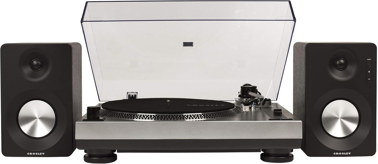 Crosley K100A-SI Belt-Drive Turntable Stereo System with Bluetooth Speakers, Silver