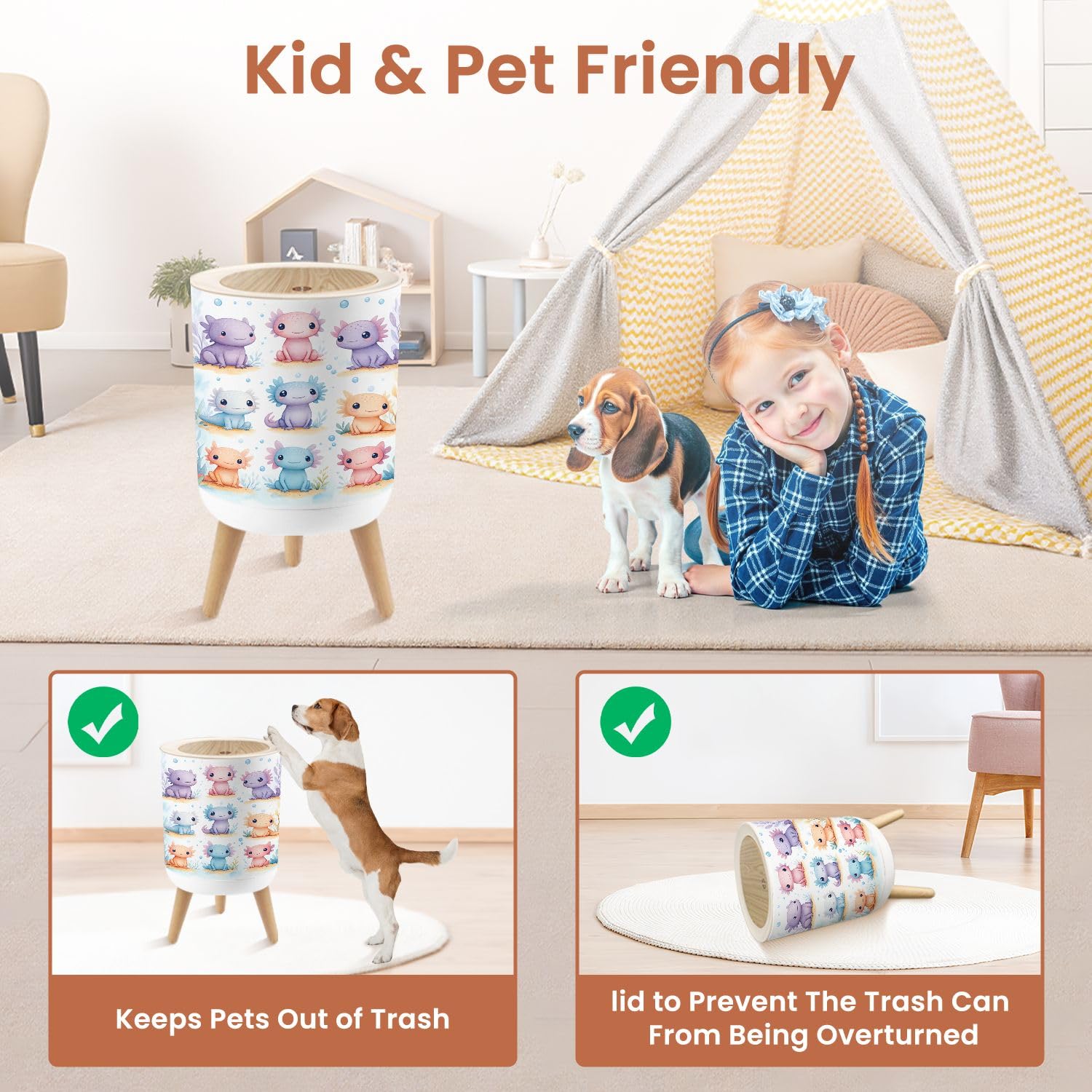 Small Trash Can with Lid Watercolor cute axolotl characters for kid s different products like 1.8 Gallon Dog Proof Trash Can Round Garbage Can Waste Bin Wastebasket for Bathroom Bedroom Living Room