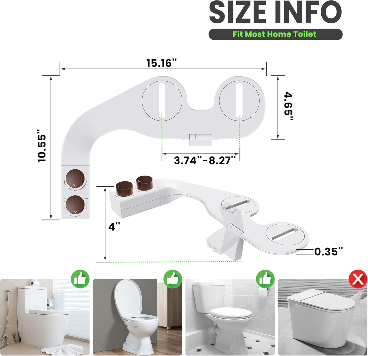 Toilet Bidet With Left/Right Side Reversible Design, Fresh Water, Non-Electric, Toilet Bidet Attachment, Right/Left Hand Side with Dual Nozzle, Self-Clean, Easy to Install (Brown Knob)