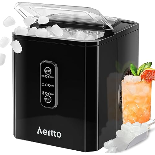 Aeitto Ice Makers Countertop, 9 Ice Cubes Release in 6 Mins, 26Lbs/24H, 2 Sizes of Bullet Ice Machine,Self-Cleaning Portable Ice Maker with Ice Scoop and Basket for Home Kitchen Office RV Bar, Black