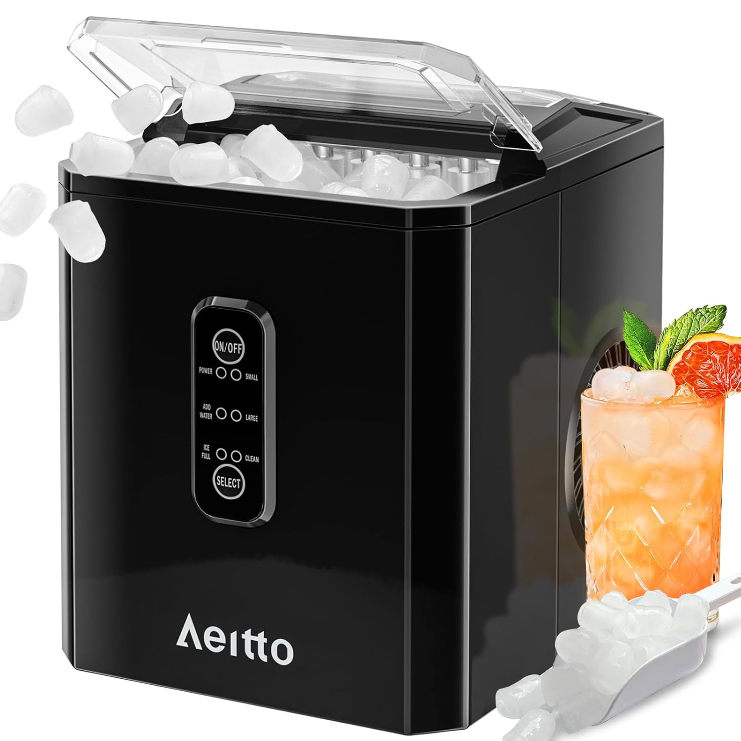 Aeitto Ice Makers Countertop, 9 Ice Cubes Release in 6 Mins, 26Lbs/24H, 2 Sizes of Bullet Ice Machine,Self-Cleaning Portable Ice Maker with Ice Scoop and Basket for Home Kitchen Office RV Bar, Black