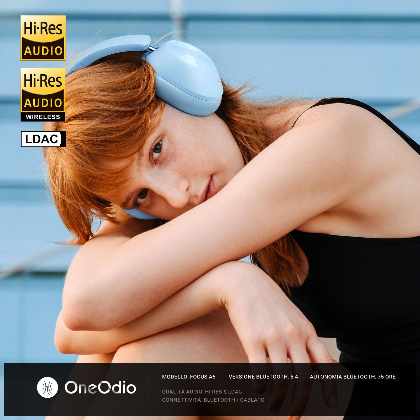 OneOdio A5 Cuffie Bluetooth Over Ear Cuffie Con filo,Cuffie Over Ear Con Cancellazione Rumore Attiva Adattiva fino al 98%,LDAC Hi-Res Wireless Audio,Cuffie Wireless 75 Ore ANC Ibrida Blu