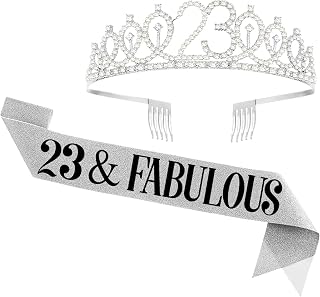 23rd Birthday Sash and Tiara for Women, Fabulous Sash and Tiara Birthday Crown, Queen Woman Party Favors Supplies and Decorations, Silver