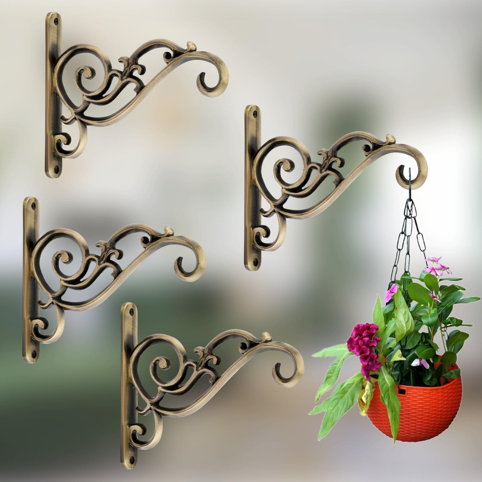 GHAR DWAR Metal Wall Hook Hanging Plant Bracket Decorative Straight Plant Hanger for Pots, Bird Feeders, Planters, Lanterns, Macrame, Wind Chimes Indoor Outdoor (Pack of 4, Brass Antique) (B0CQ2JMQ5H) Amazon Price History, Amazon Price Tracker