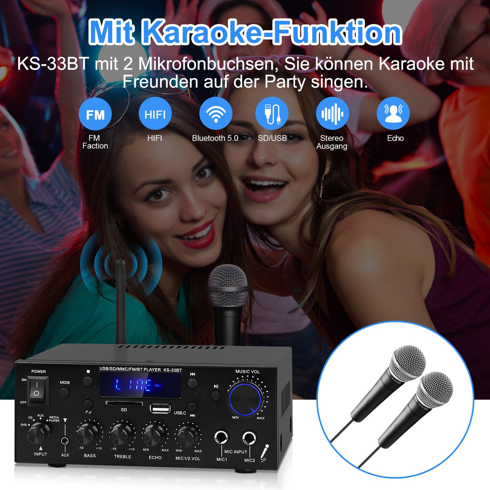Amplificador de audio para el hogar, KS-33BT 2 canales Bluetooth 5.0, amplificador HiFi, RMS 60 W x 2 Max 400 W X 2 Amplificadores estéreo receptor W/Echo, USB/SD/AUX/BT.C/FM Micrófono para cine en