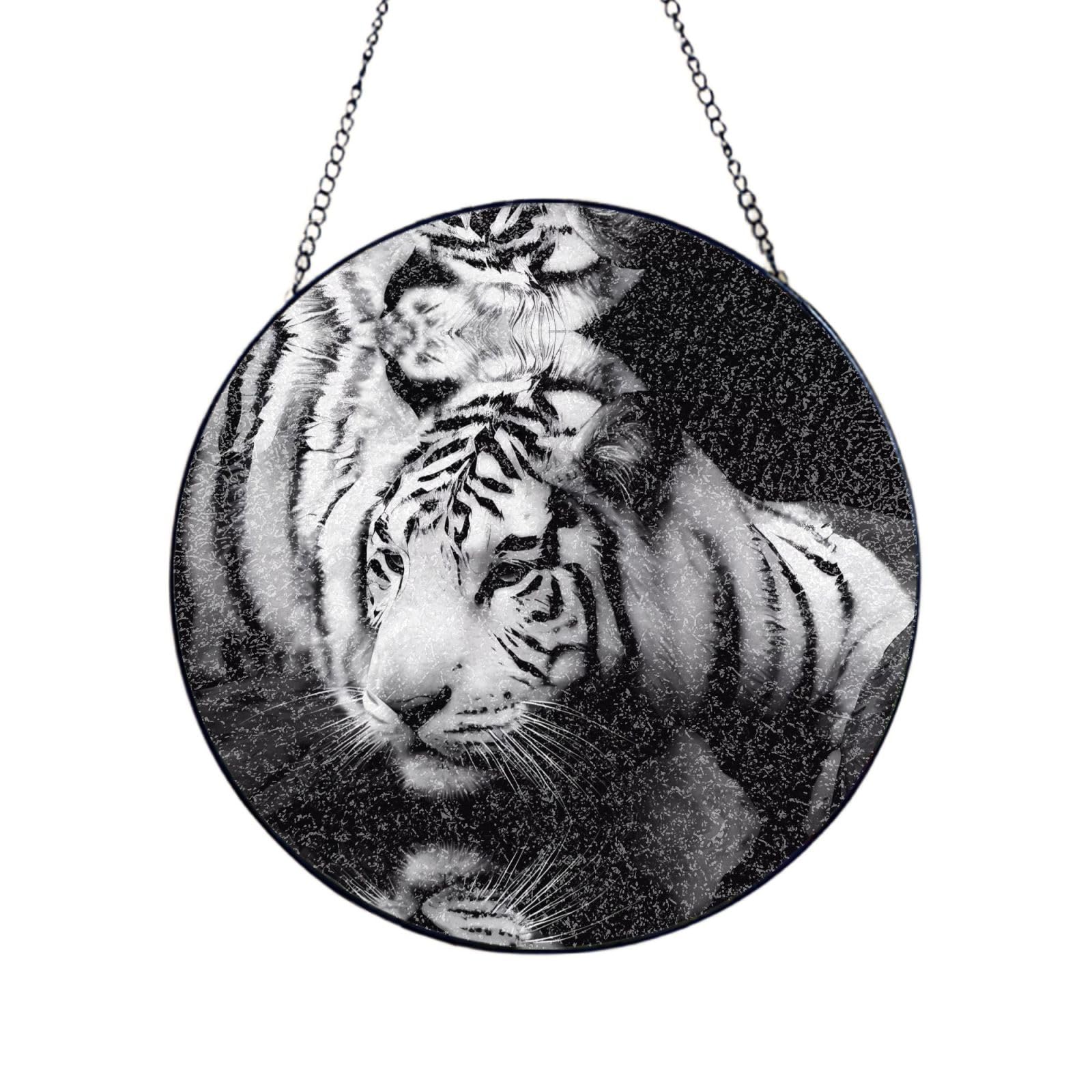 Phayah Animal Tiger Print Glass Window Hanging Round Suncatcher Glass Ornament Garden Wall Fence Decorations Indoor Outdoor 4in（10cm）