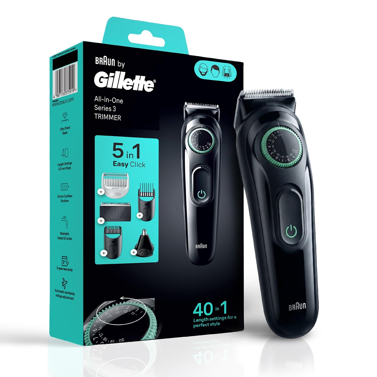 Gillette Series 3 All-in-One Beard & Body Trimmer for Man (by Braun) | 40 length settings for Face, Body, Head & Private Parts | Ultra Sharp Blades for Precise trim | Sensitive Body Comb for body grooming | 3-Year Warranty | 5 on top Attachments | 50 Min Runtime