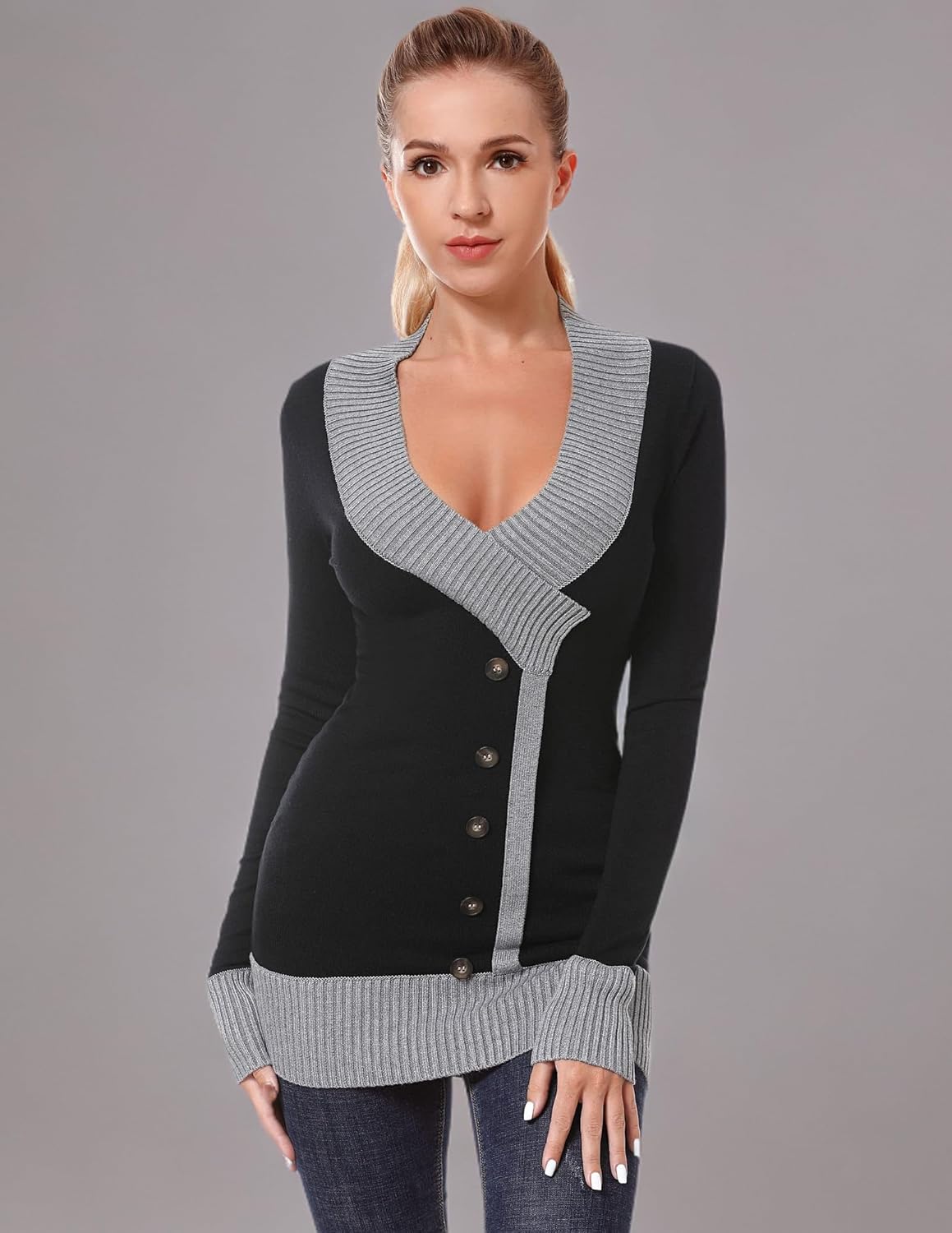 AmélieBoutik Women V Neck Faux Wrap Color Trim Sweater Tunic Top - Image 5