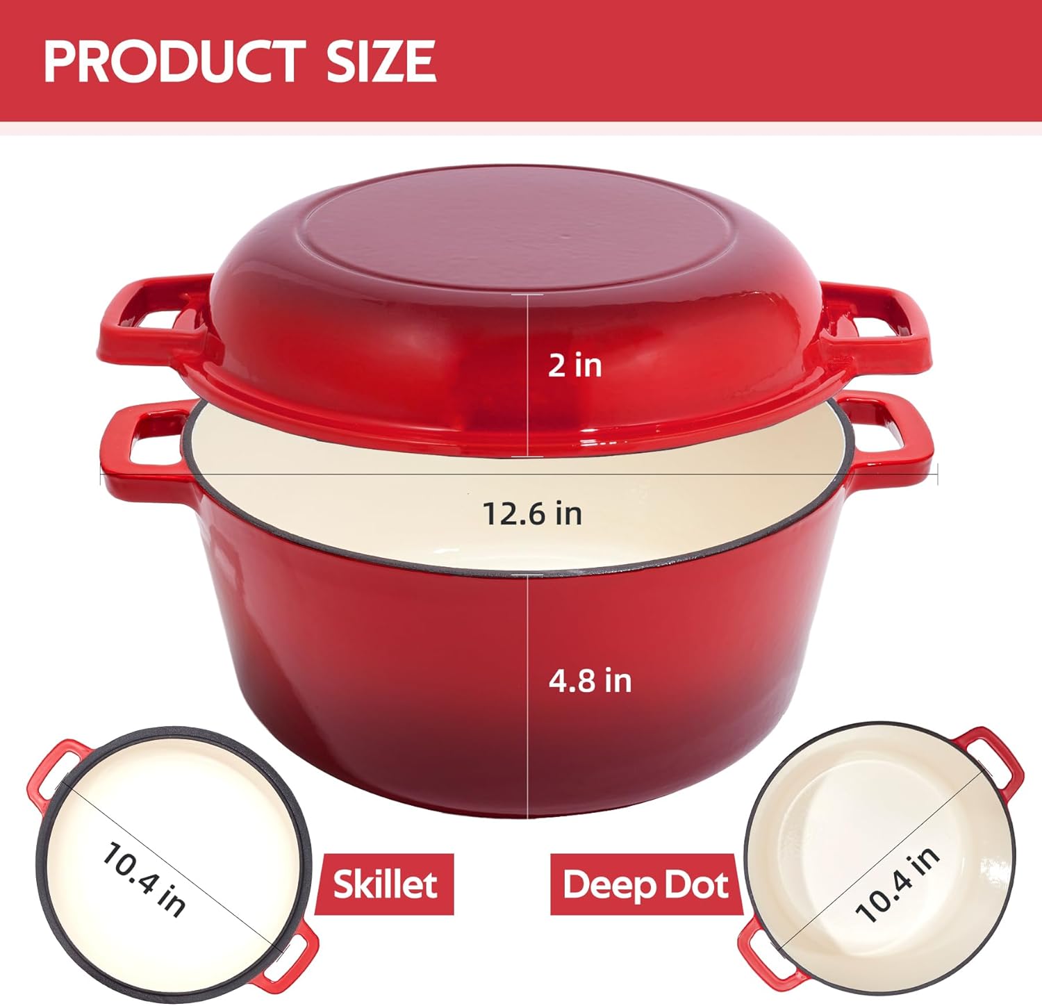 2 in 1 Enameled Cast Iron Dutch Oven Pot 6QT with 2QT Lid - Big Dual Handles - Oven Safe up to 500°F - Classic Round Pot for Versatile Cooking Red - Image 3
