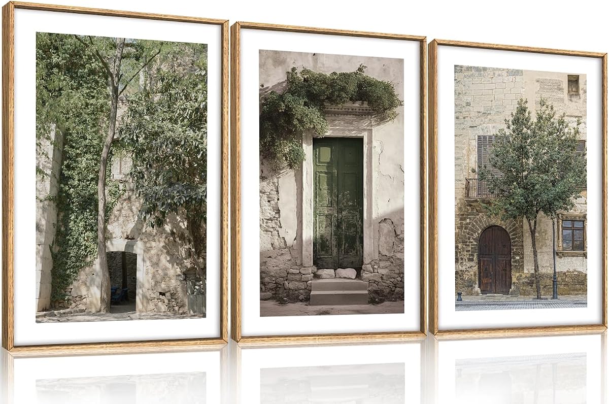 HOURIA Vintage Italy City Landscape Framed Canvas Wall Art Set- 24"x36"x3 | Sage Green Olive Tree Old House Wall Decor,Modern Mediterranean Country Cityscape Artwork for Living Room,Bedroom,Farmhouse