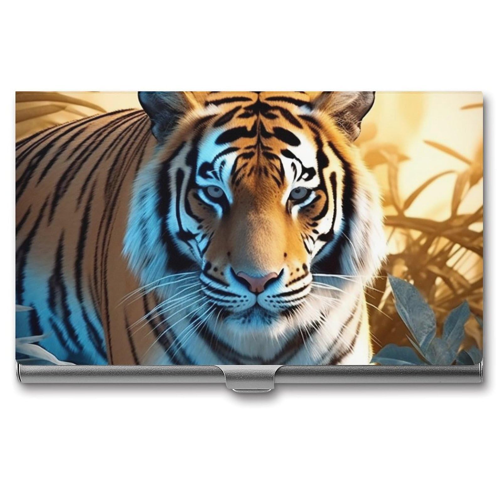 DWVTSLH African Wildlife Tiger Business Card Holder, Slim Portable Metal Business Card Case Pocket Wallet Professional Name Cards Holder for 22-30 Cards, Credit Card ID Case/Holder for Men Women