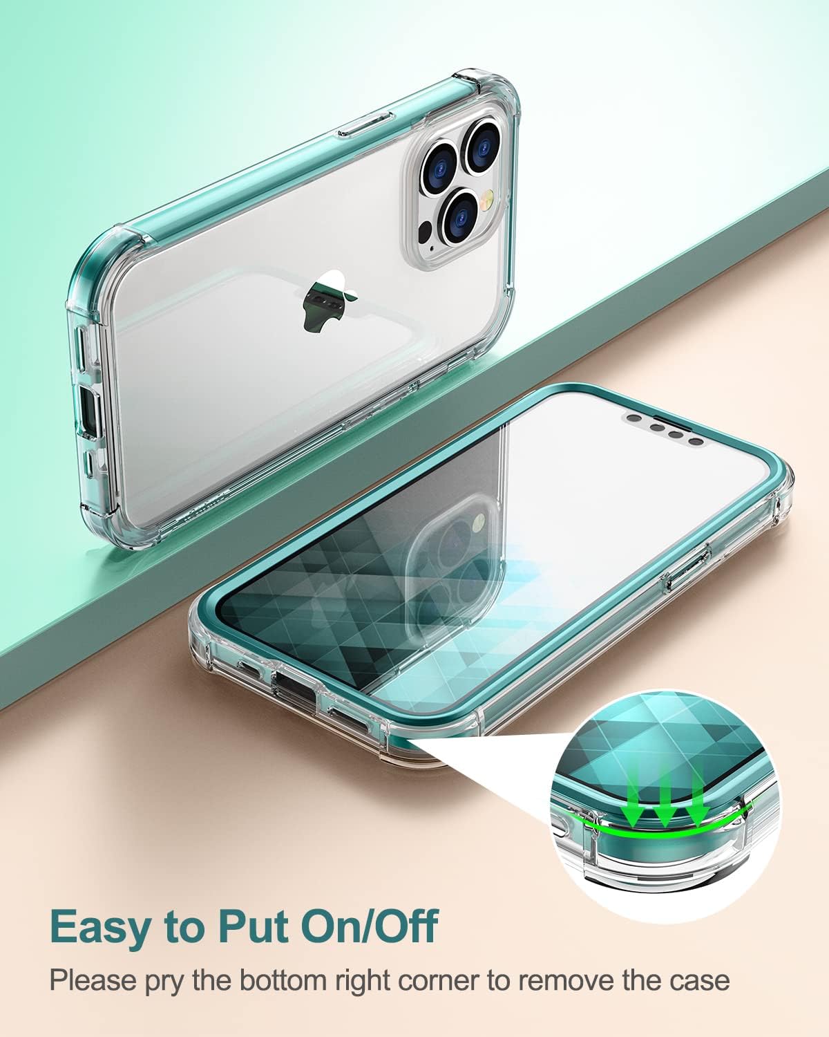 SURITCH Compatible with iPhone 13 Pro Clear Case,[Built in Screen Protector] Full Body Protection Hard Shell+Soft TPU Bumper Shockproof Rugged Cover for iPhone 13 Pro 6.1 Inch (Green)