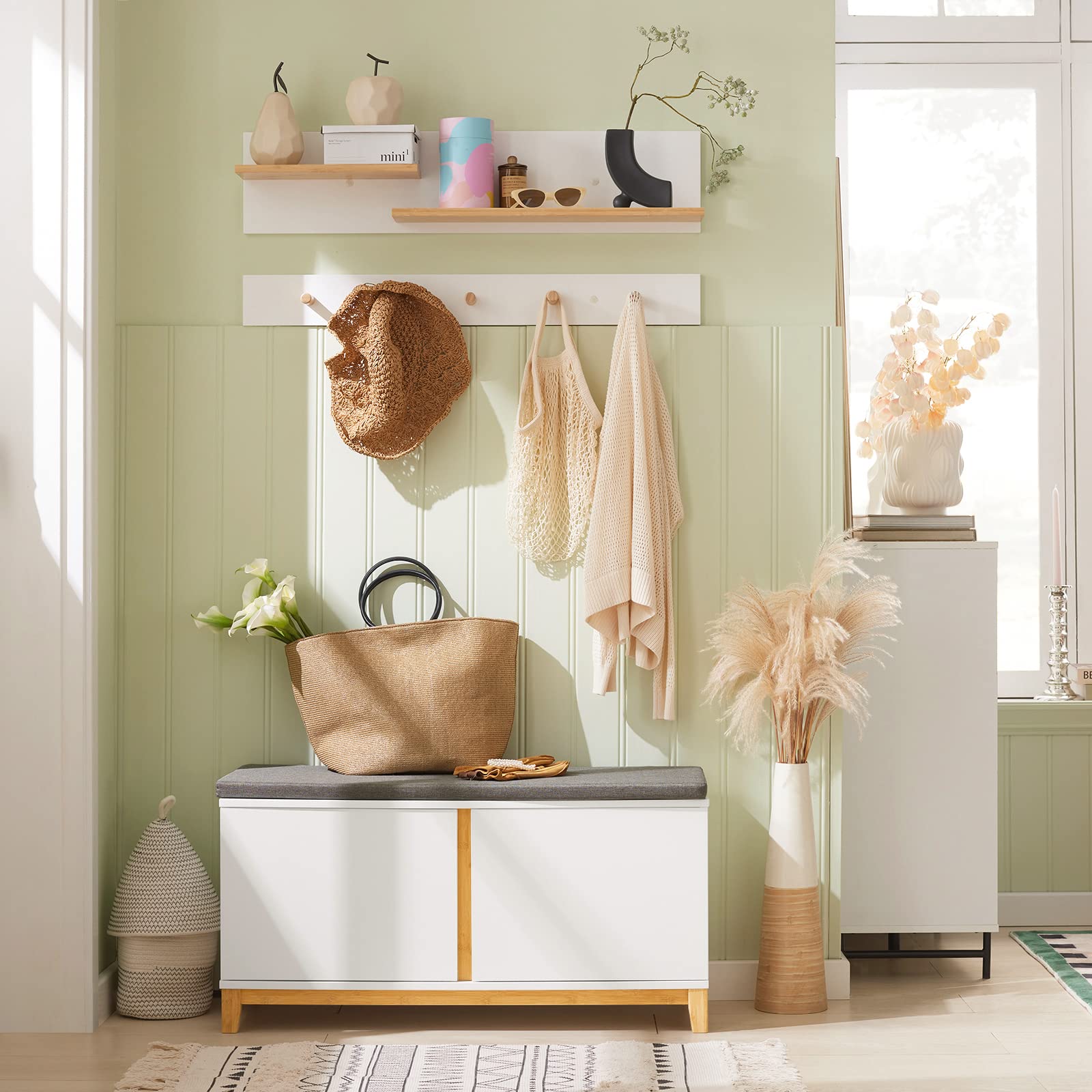 SoBuy Panca Scarpiera Ingresso con Seduta, Cassapanca Contenitore da Interno con 2 Ante, in Legno ingegnerizzato + Bambù 90x34x46cm Bianco FSR117-W