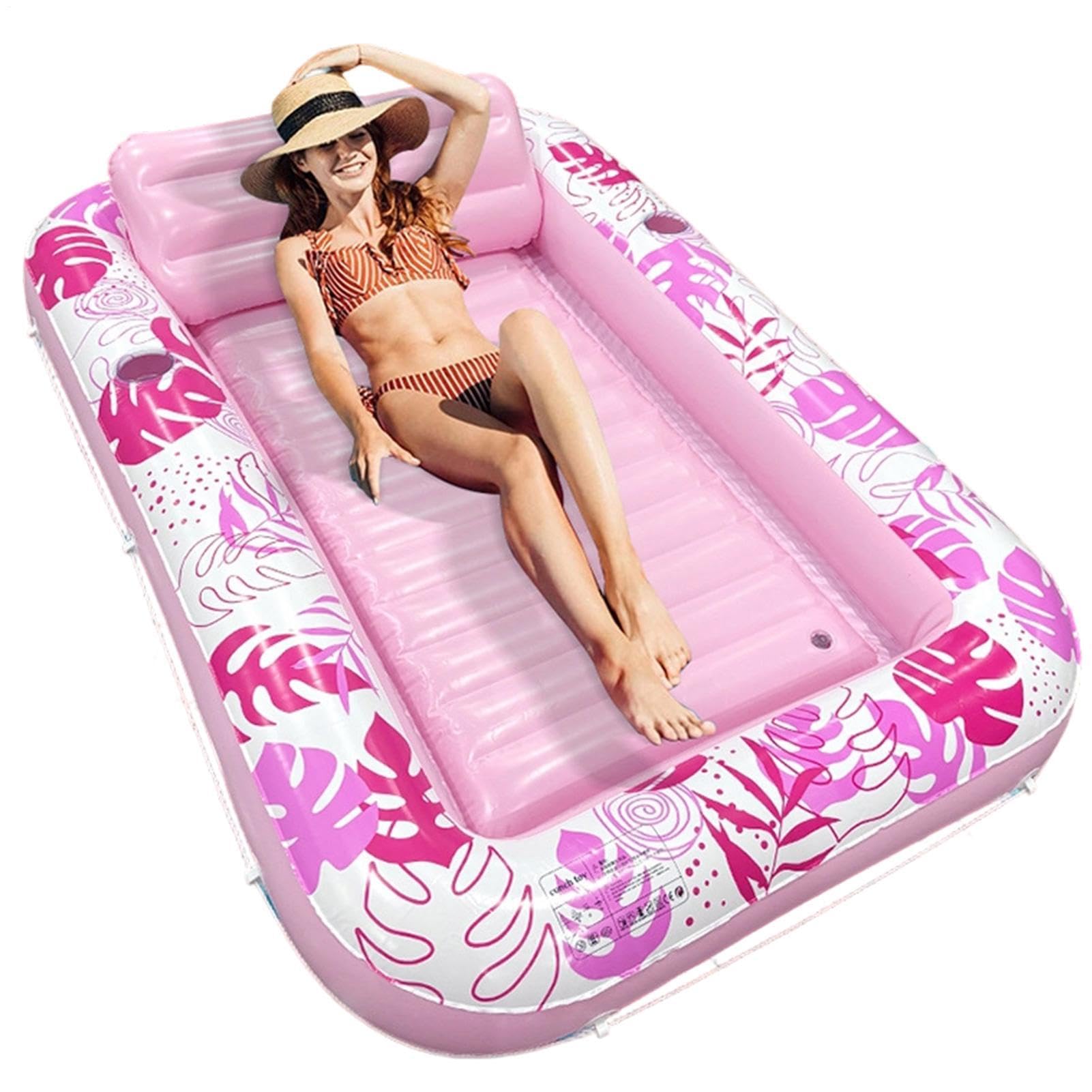 Inflatable Tanning Pool Bed | Monstera Leaf Pattern Tanning Pool Floats | Inflatable Water Floats Lounger with Cup Holder and Pillow | Sunbathing Water Floating Toys for Beach Pools (Pink)
