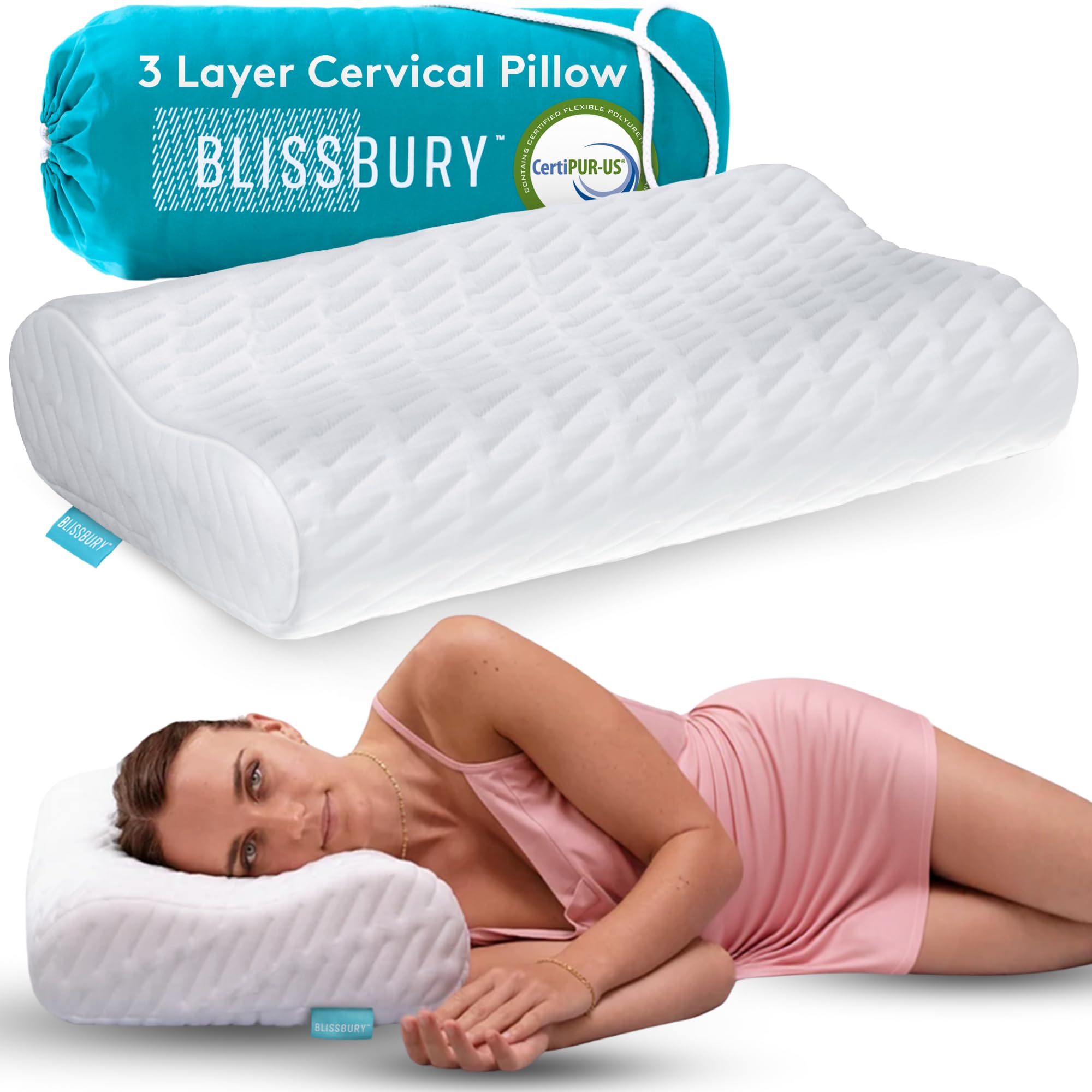 Blisbury, cuscino per contorno contorno in memory foam regolabile, cuscino cervicale per dolori al collo, supporto per schiena, stomaco, traversine laterali, include una custodia in bambù e schiuma