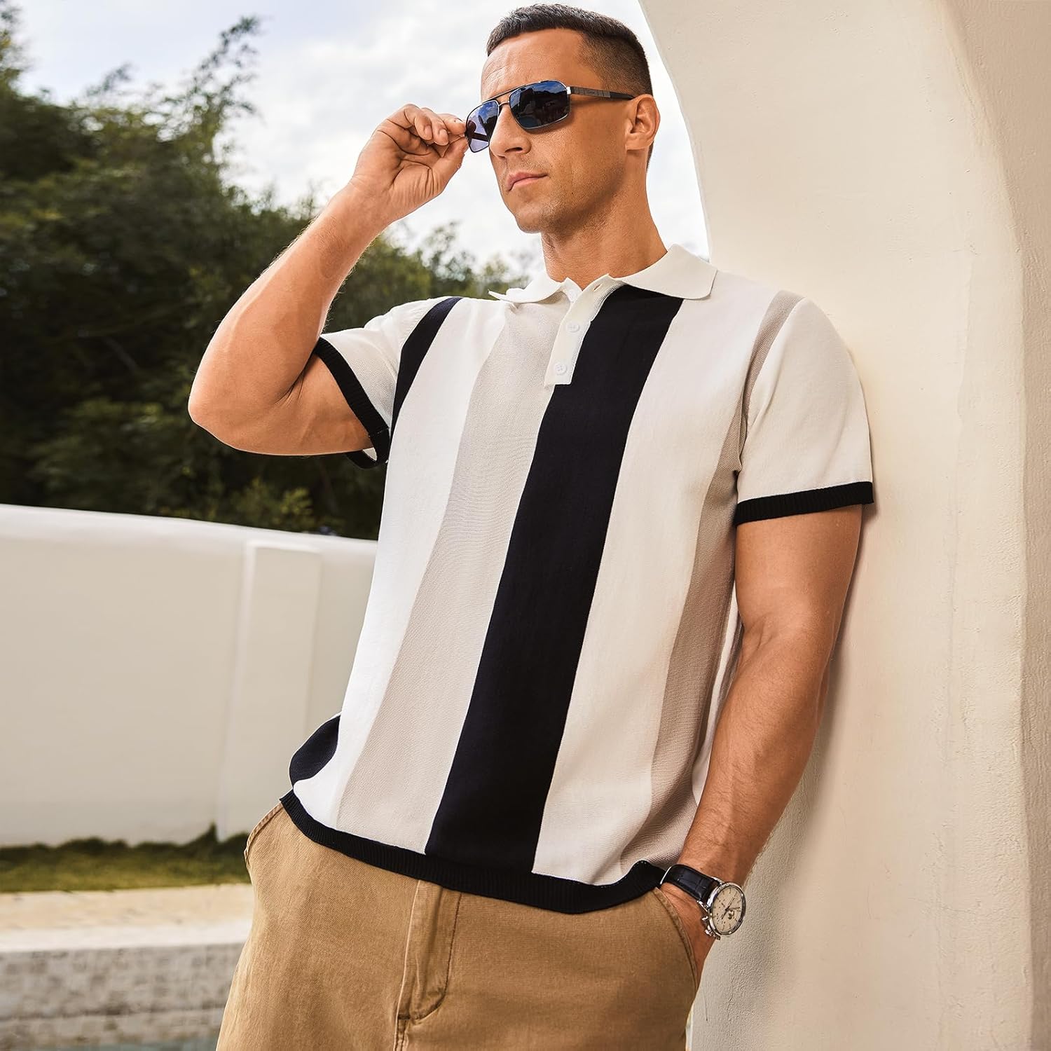 Men's Casual Polo Shirts Vintage Striped Knitting Button Down Shirts Golf Collared Shirts - Image 3