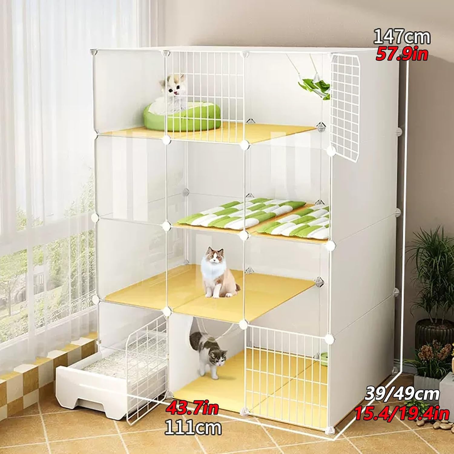 DIY Cat Cage with Litter Box, Cat Enclosure with Transparent Panel, Cat Playpen with Ladder, Detachable Metal Wire Small Animal Cages, for Kitten Small Animals(White B,44x19x58/111x49x147cm)