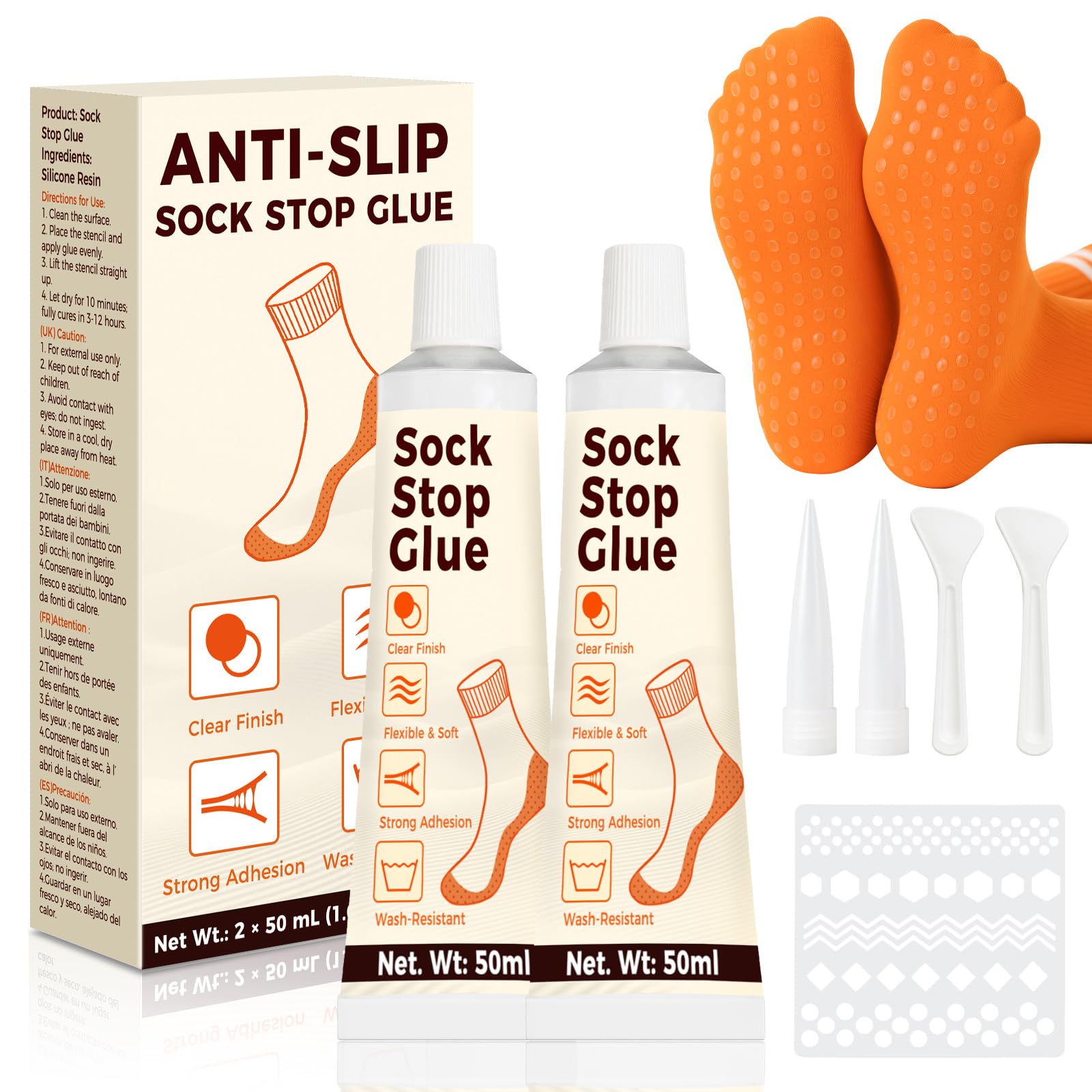 Bellifluous Sock Stop, Sock Glue, 2 Pcs Transparent Waterproof Socks Stop Non Slip for Blankets, Carpets, Clothes Hanger, Odorless & Washable Socks Stops Glue with Tip Applicator to Enhanced Grip