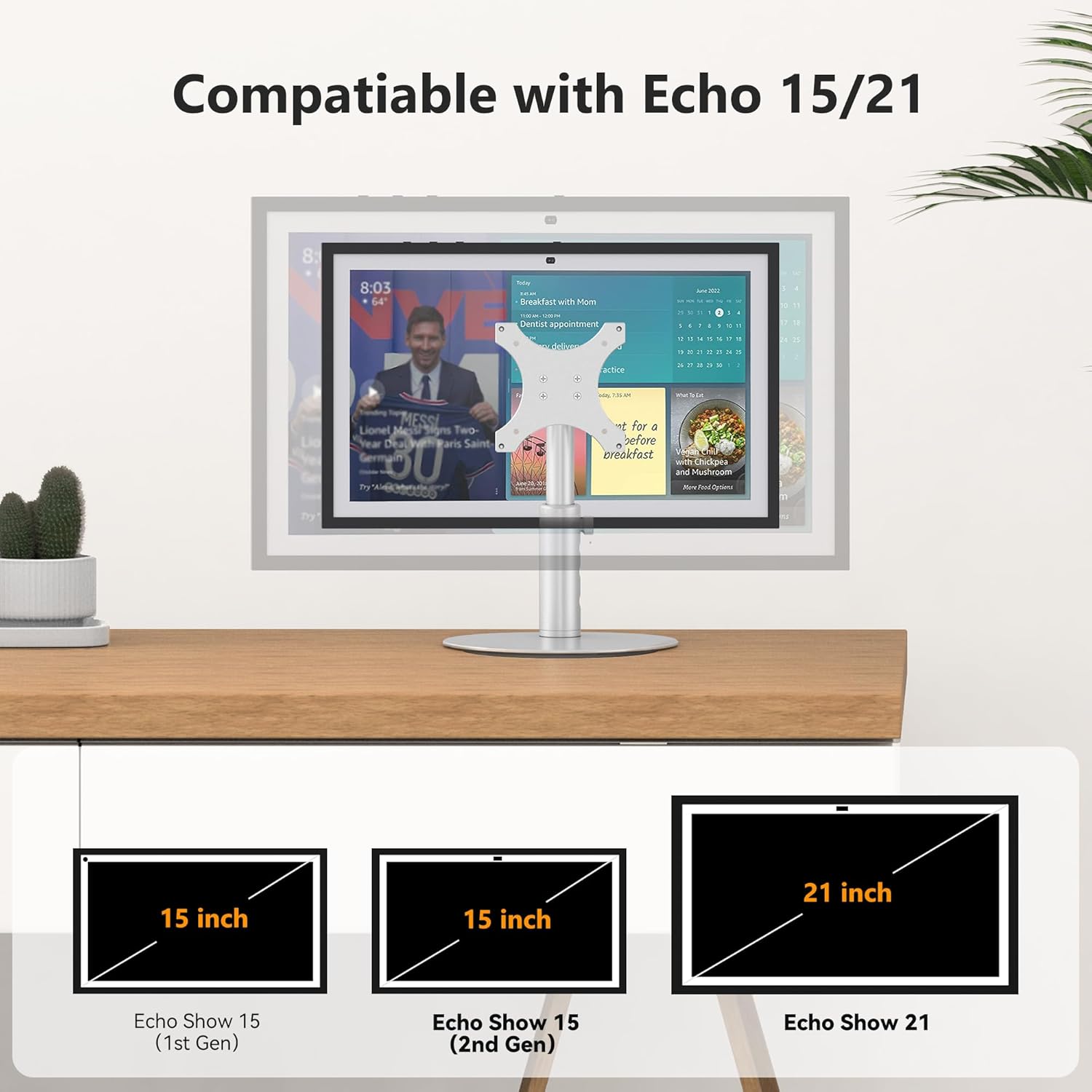 Rotating Stand for Echo Show 15 (Gen 1, Gen 2) and Show 21, Silver Aluminum Mount with Rotating Base, 4-Level Height Adjustable and Tiltable Holder, Easy Installation for Show 21/15 (Rotatable)