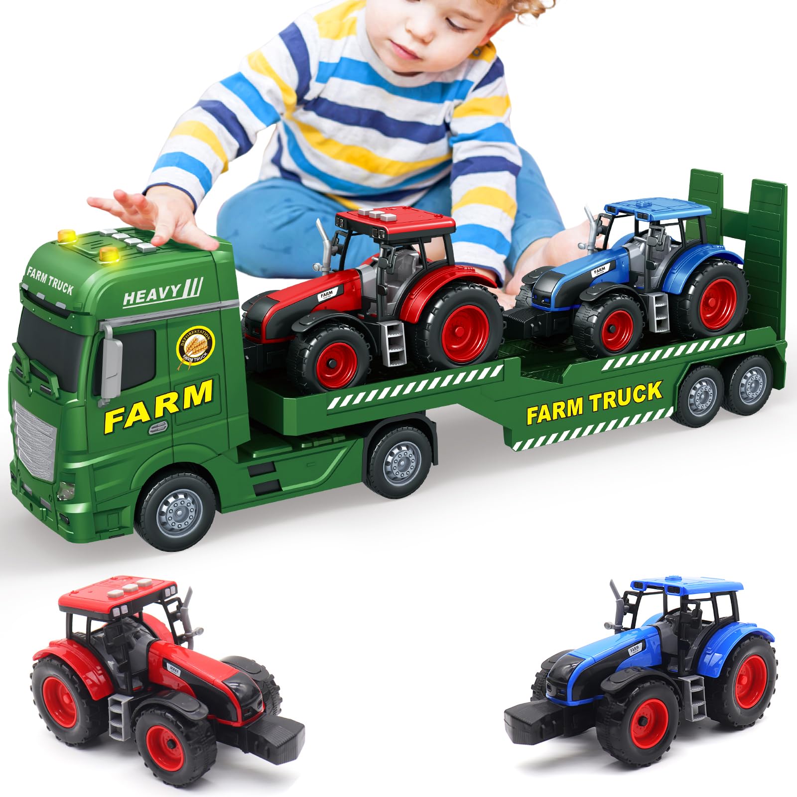 Mostop Camión grande de camión plano,25.6'' gran camión de granja juguete con 2 tractores,Juguete de tractor de granja impulsado por fricción con luz y sonido, juguete de granja para niños