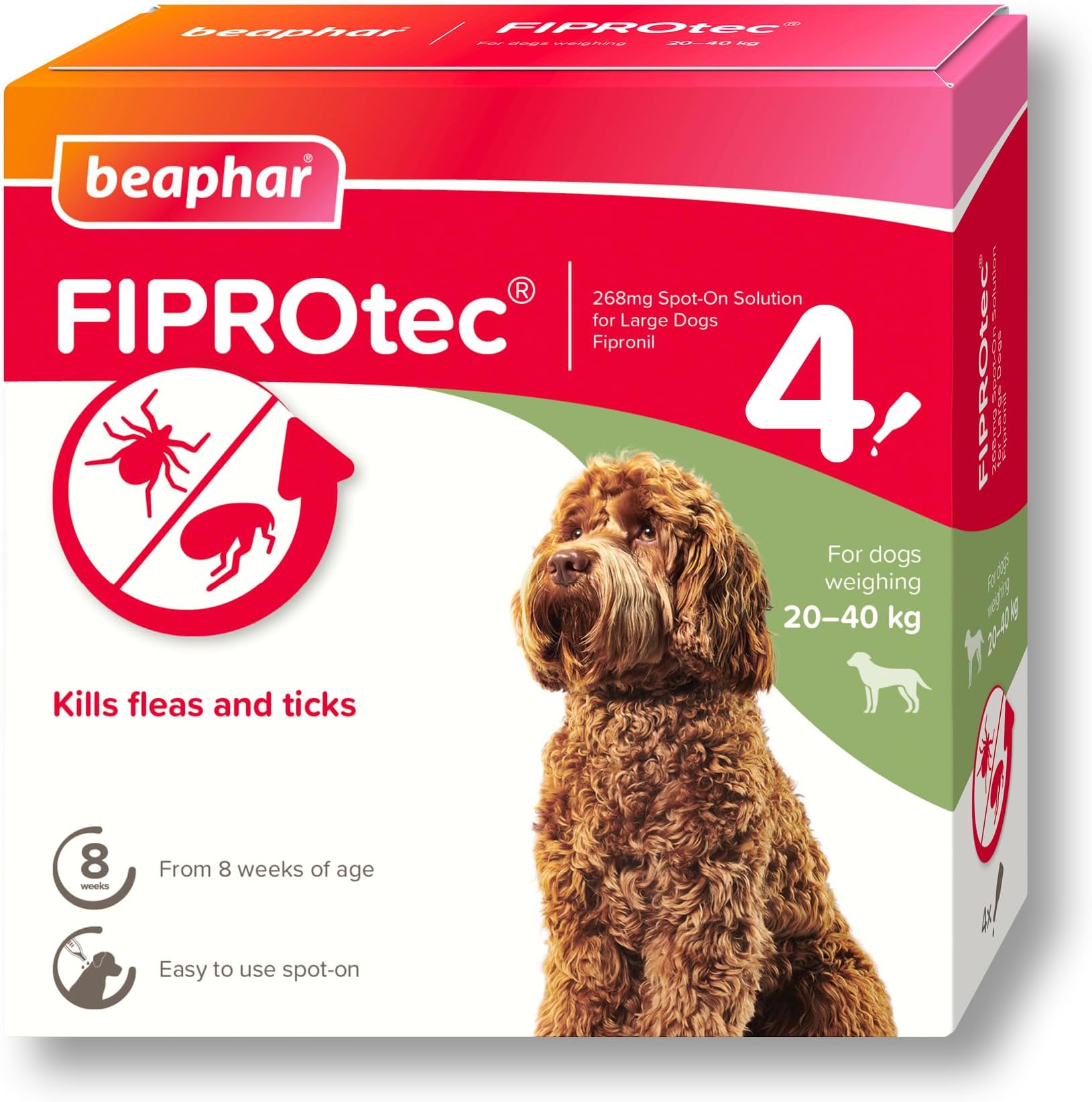 Beaphar - FIPROtec Spot-On Flea & Tick Treatment for Large Dogs 20-40kg – 4 Pipettes - Kills Fleas & Ticks - Veterinary Medicine - Easy to Apply Monthly - Suitable for Dogs & Puppies from 8 Weeks