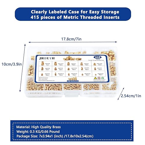 Miniatura 6 de JROUTH 415 piezas M2 M3 M4 M5 M6 Insertos roscados para juego de calor de plástico, inserto de latón surtido Kit para impresión 3D Moldeo por