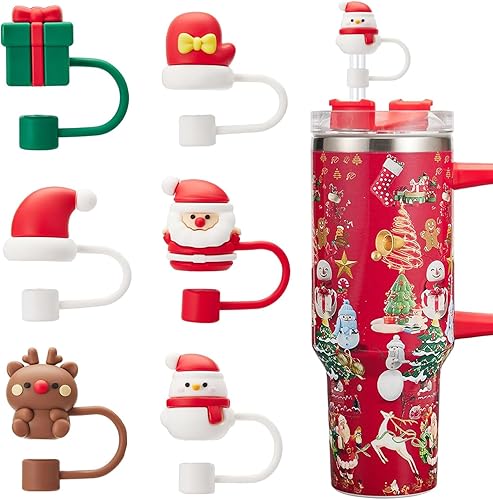 Miniatura 7 de 12 fundas de popote para copa Stanley, de silicona, para Navidad, compatible con vaso Stanley de 30 y 40 onzas, lindo árbol de Navidad de Santa