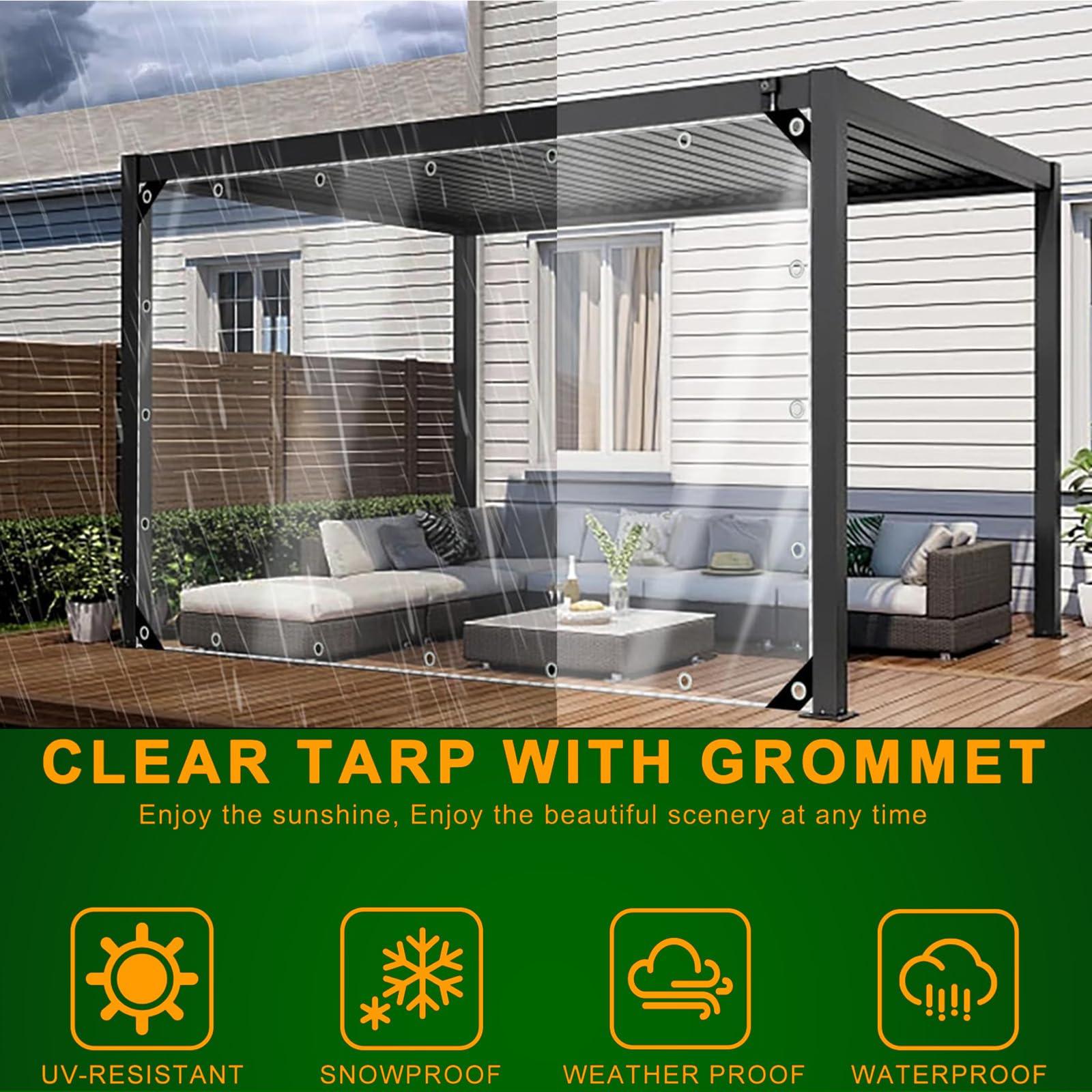 Transparente Abdeckplane, strapazierfähig, wasserdicht, 420 g/m², 2 m x 4 m, transparente PVC-Plane mit Metallösen, Winddicht, reißfest, für Garten, Pavillon, Terrasse